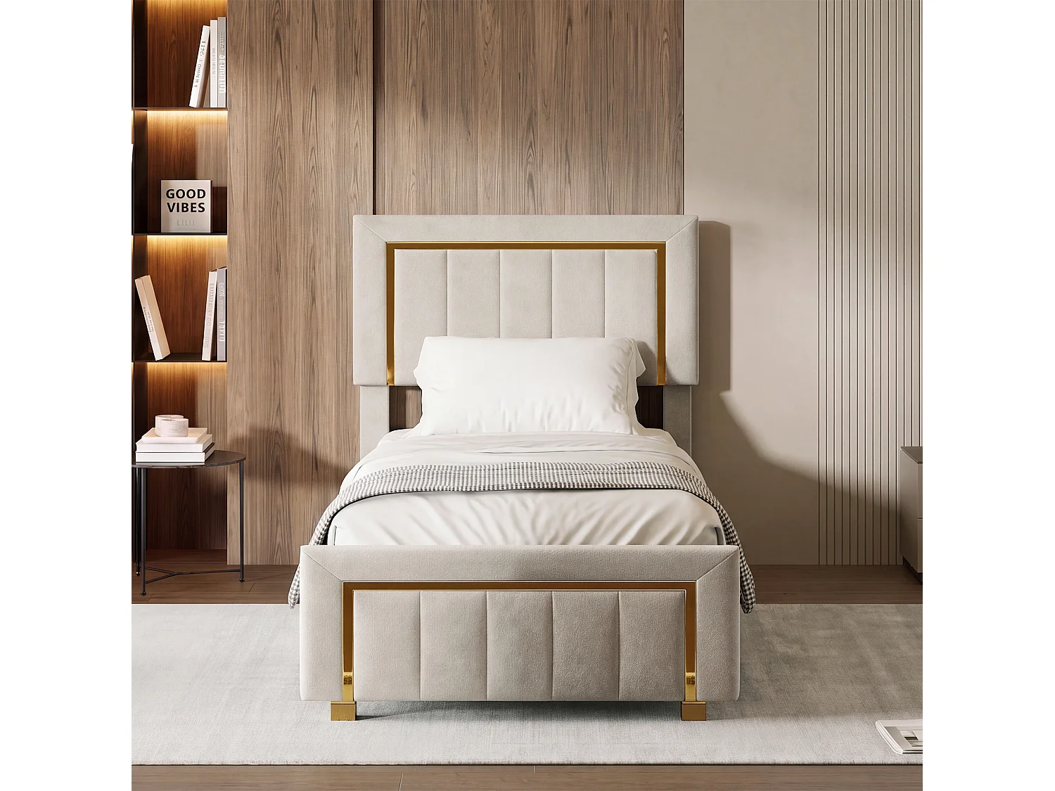 90x200cm bed met verstelbaar hoofdeinde - Eenpersoonsbedframe van 90x200cm met opbergruimte en houten lattenbodem - Fluweelstof - Wit