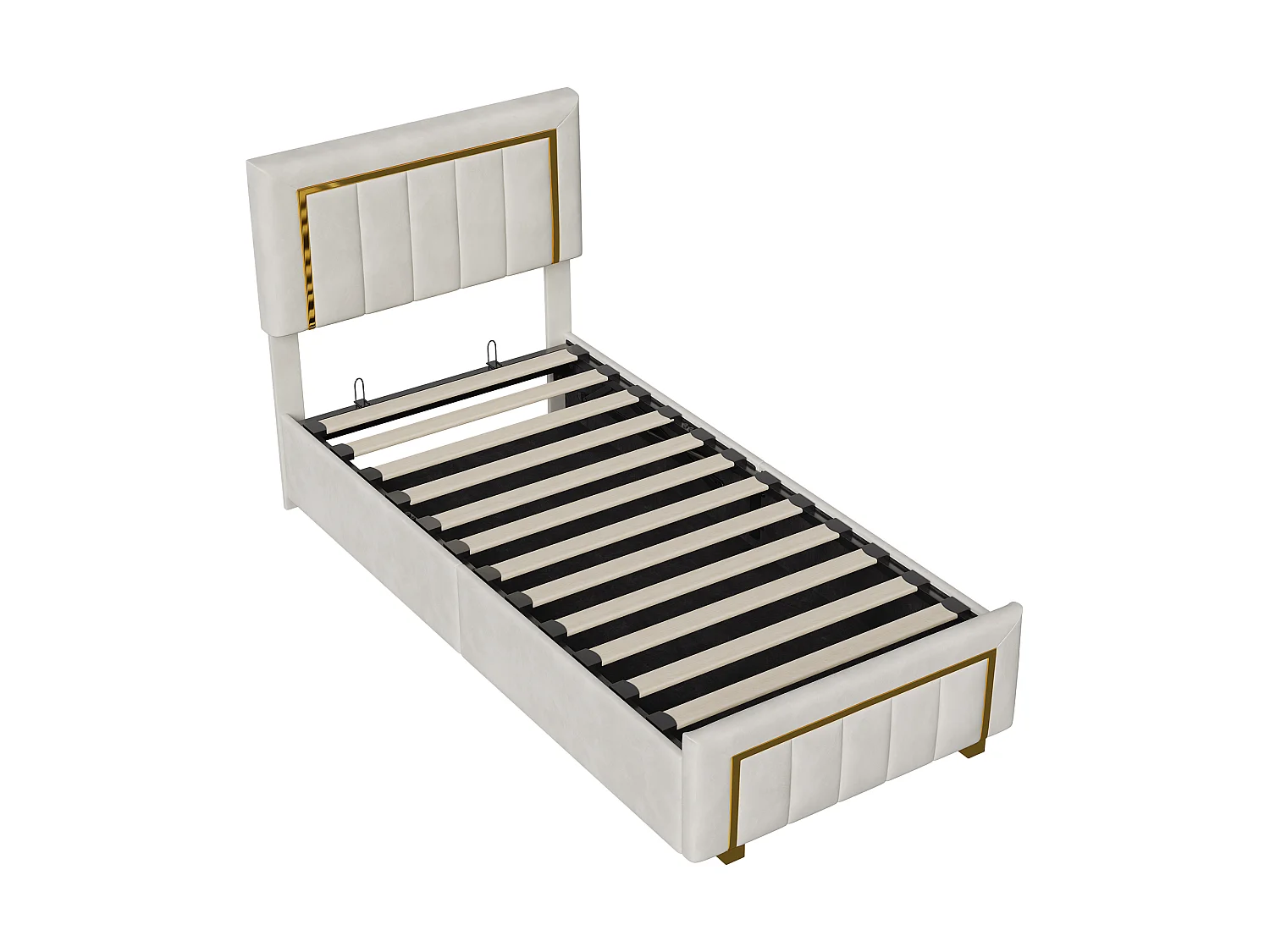 90x200cm bed met verstelbaar hoofdeinde - Eenpersoonsbedframe van 90x200cm met opbergruimte en houten lattenbodem - Fluweelstof - Wit