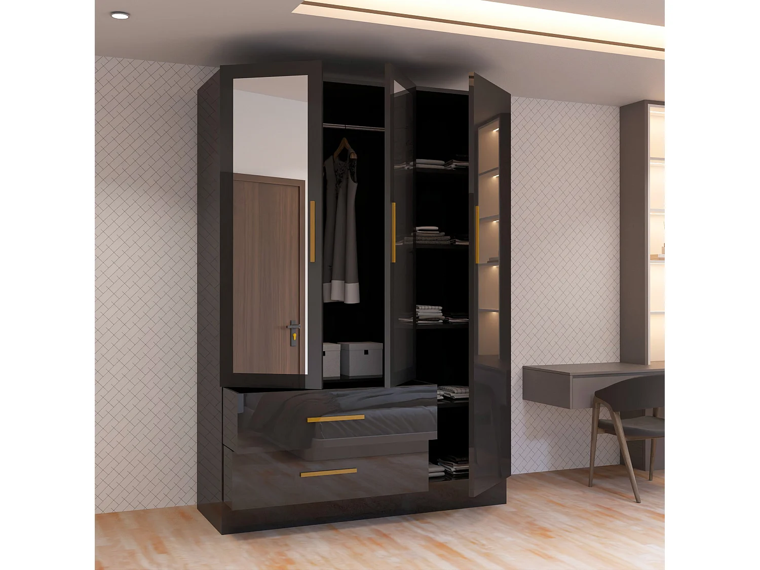 High Gloss Mirrored Wardrobe with Gold-Effect Handles & Drawers - 120cm black - Milano