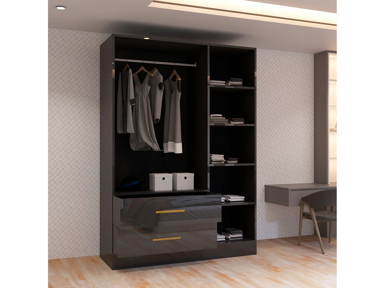 High Gloss Mirrored Wardrobe with Gold-Effect Handles & Drawers - 120cm black - Milano