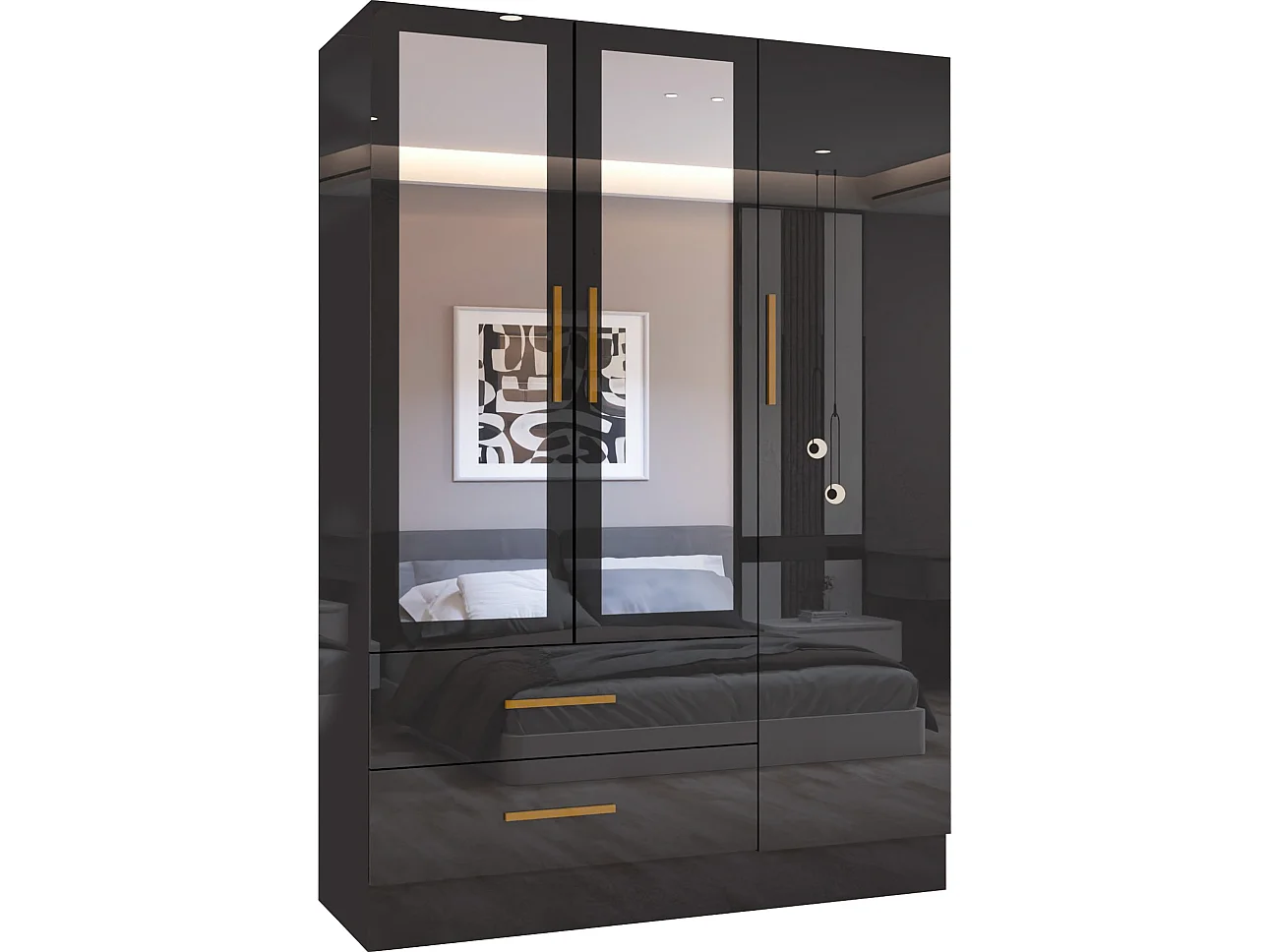 High Gloss Mirrored Wardrobe with Gold-Effect Handles & Drawers - 120cm black - Milano