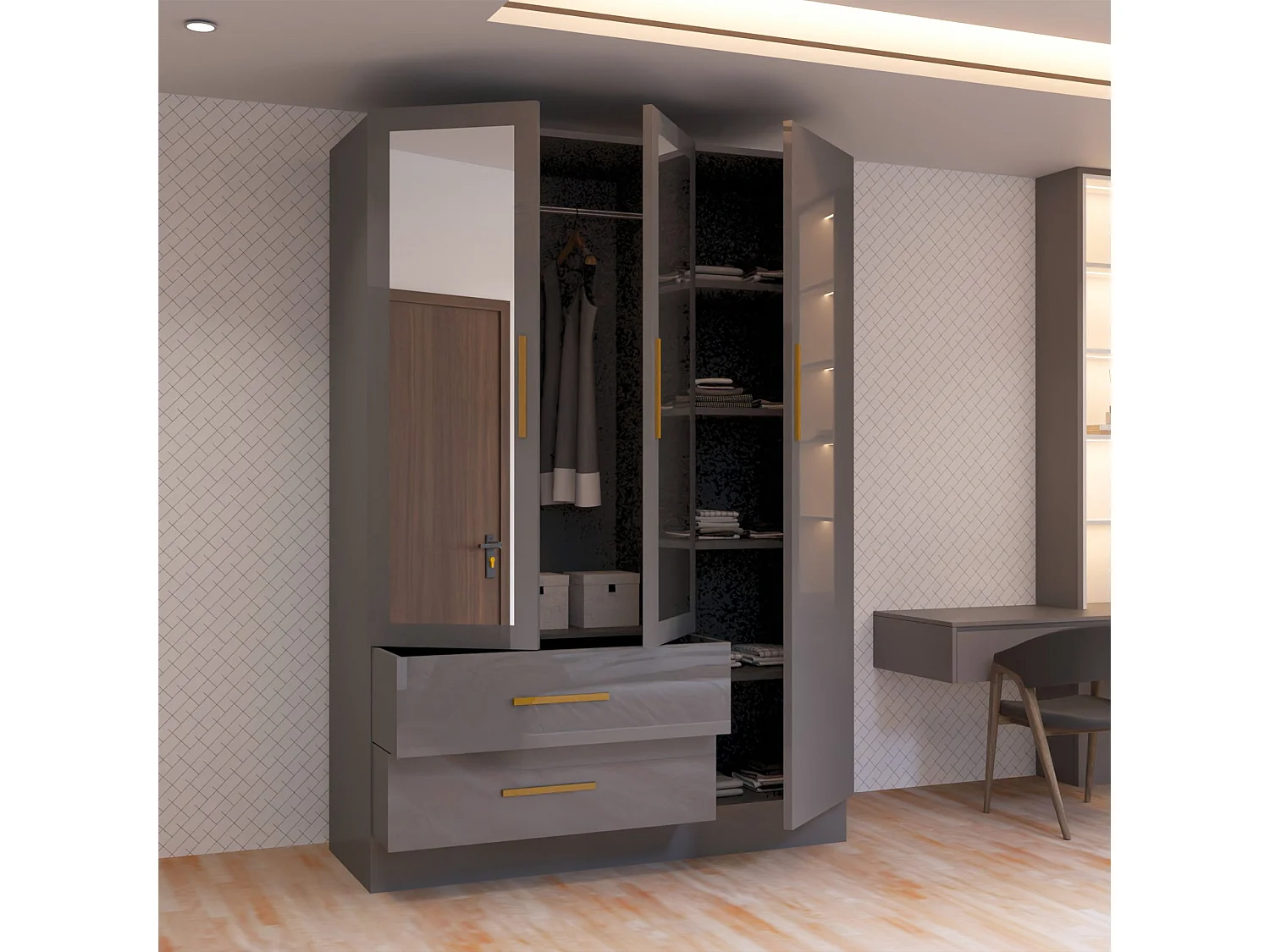 High Gloss Mirrored Wardrobe with Gold-Effect Handles & Drawers - 120cm grey - Milano
