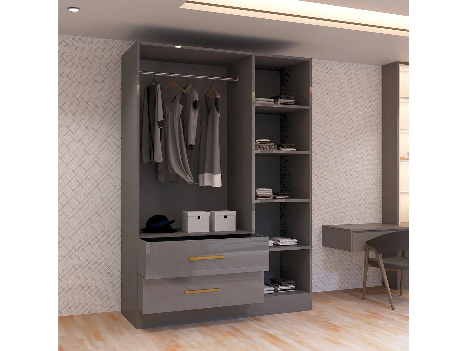 High Gloss Mirrored Wardrobe with Gold-Effect Handles & Drawers - 120cm grey - Milano