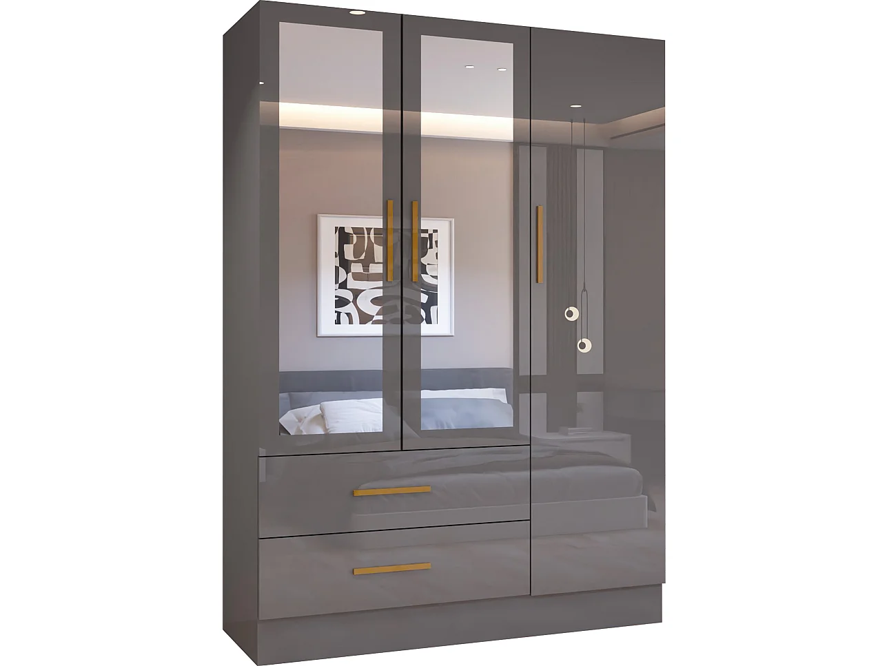 High Gloss Mirrored Wardrobe with Gold-Effect Handles & Drawers - 120cm grey - Milano