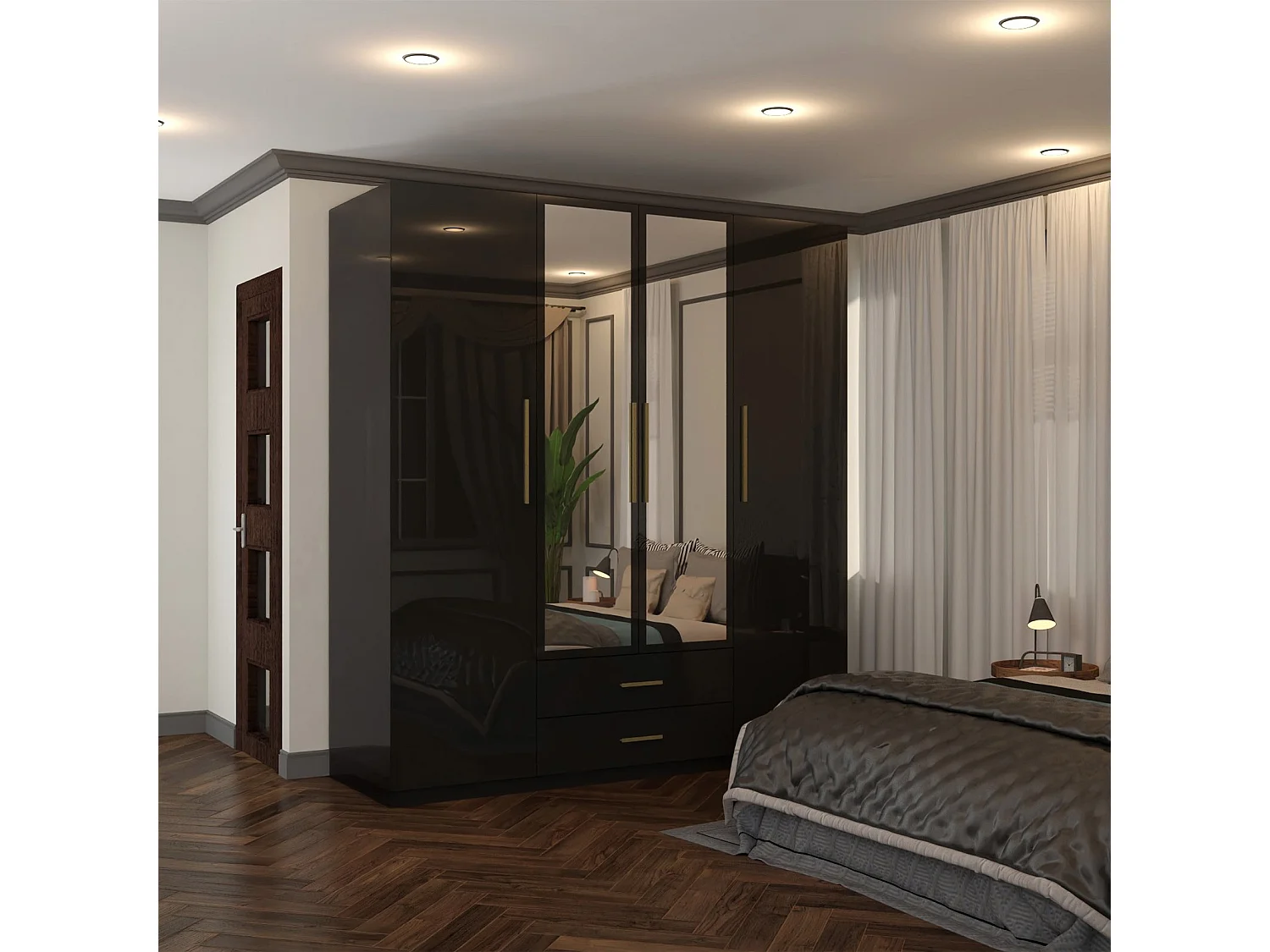High Gloss Mirrored Wardrobe with Gold-Effect Handles & Drawers - 160cm black - Milano
