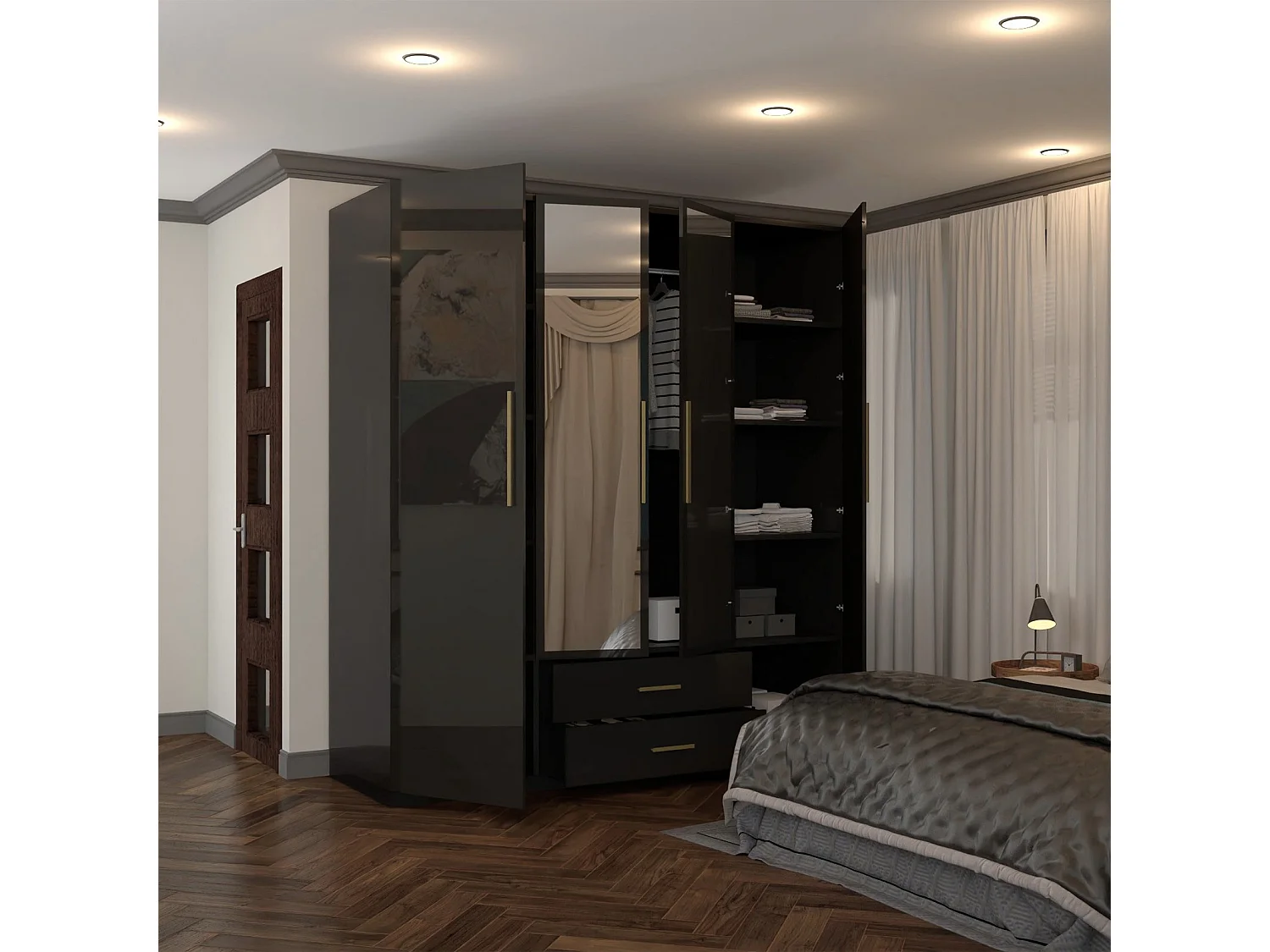 High Gloss Mirrored Wardrobe with Gold-Effect Handles & Drawers - 160cm black - Milano