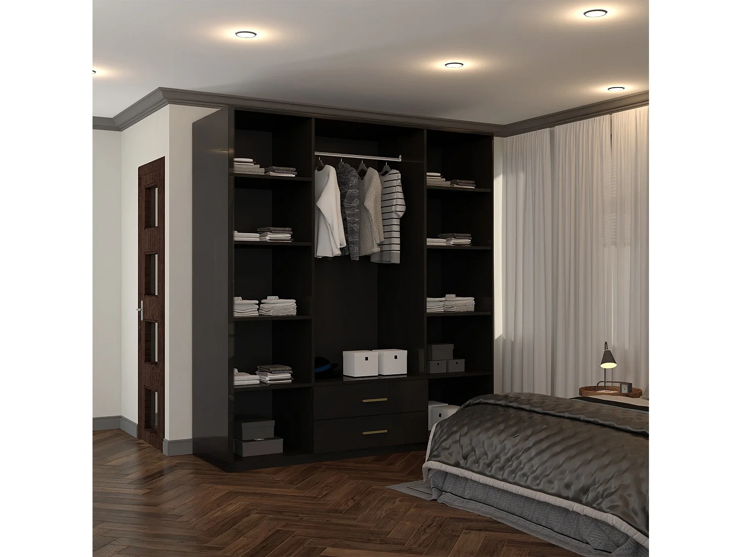 High Gloss Mirrored Wardrobe with Gold-Effect Handles & Drawers - 160cm black - Milano