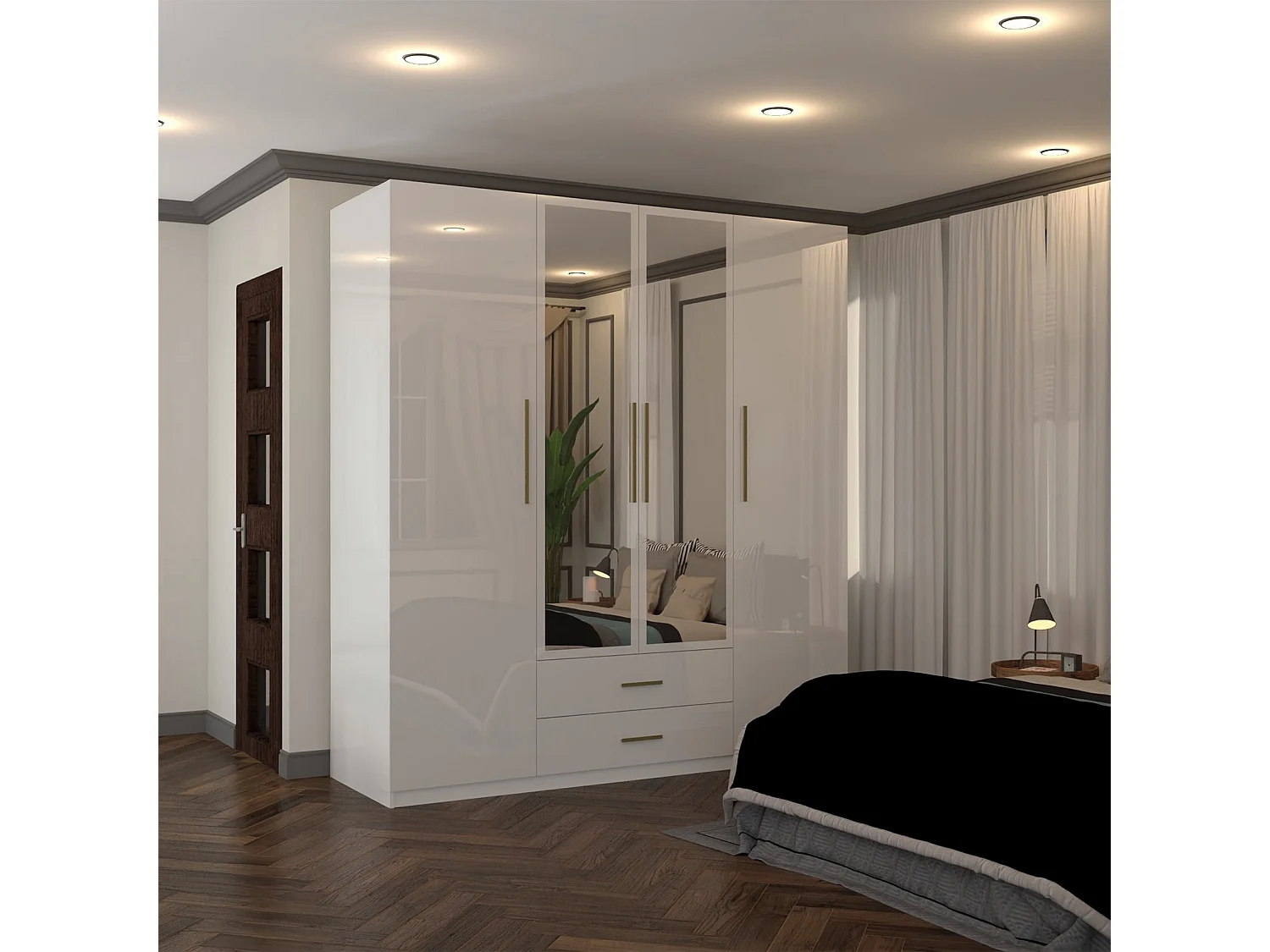 High Gloss Mirrored Wardrobe with Gold-Effect Handles & Drawers - 160cm white - Milano