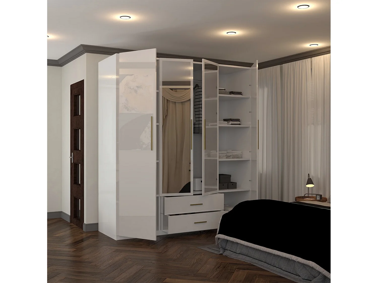 High Gloss Mirrored Wardrobe with Gold-Effect Handles & Drawers - 160cm white - Milano