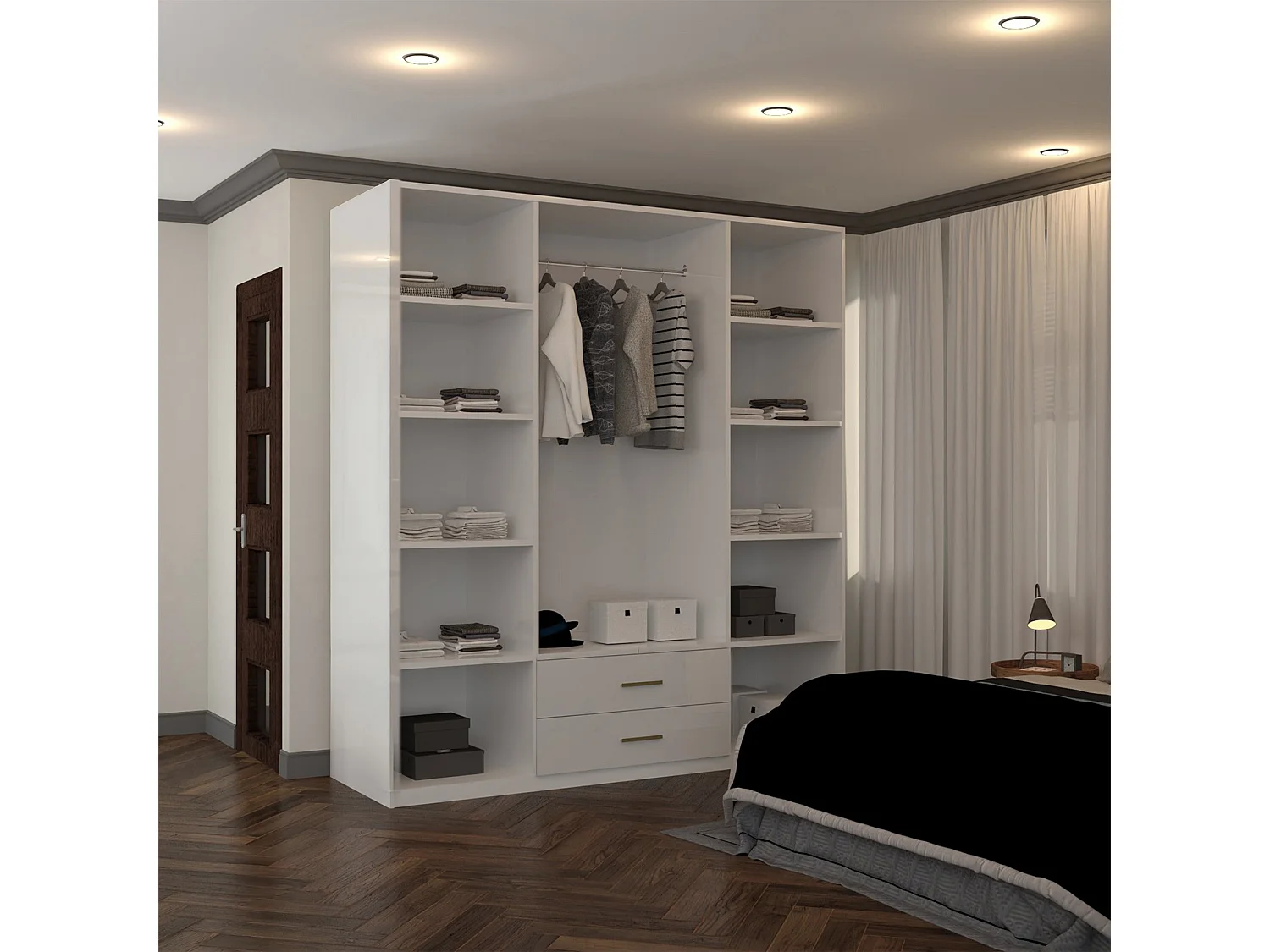 High Gloss Mirrored Wardrobe with Gold-Effect Handles & Drawers - 160cm white - Milano