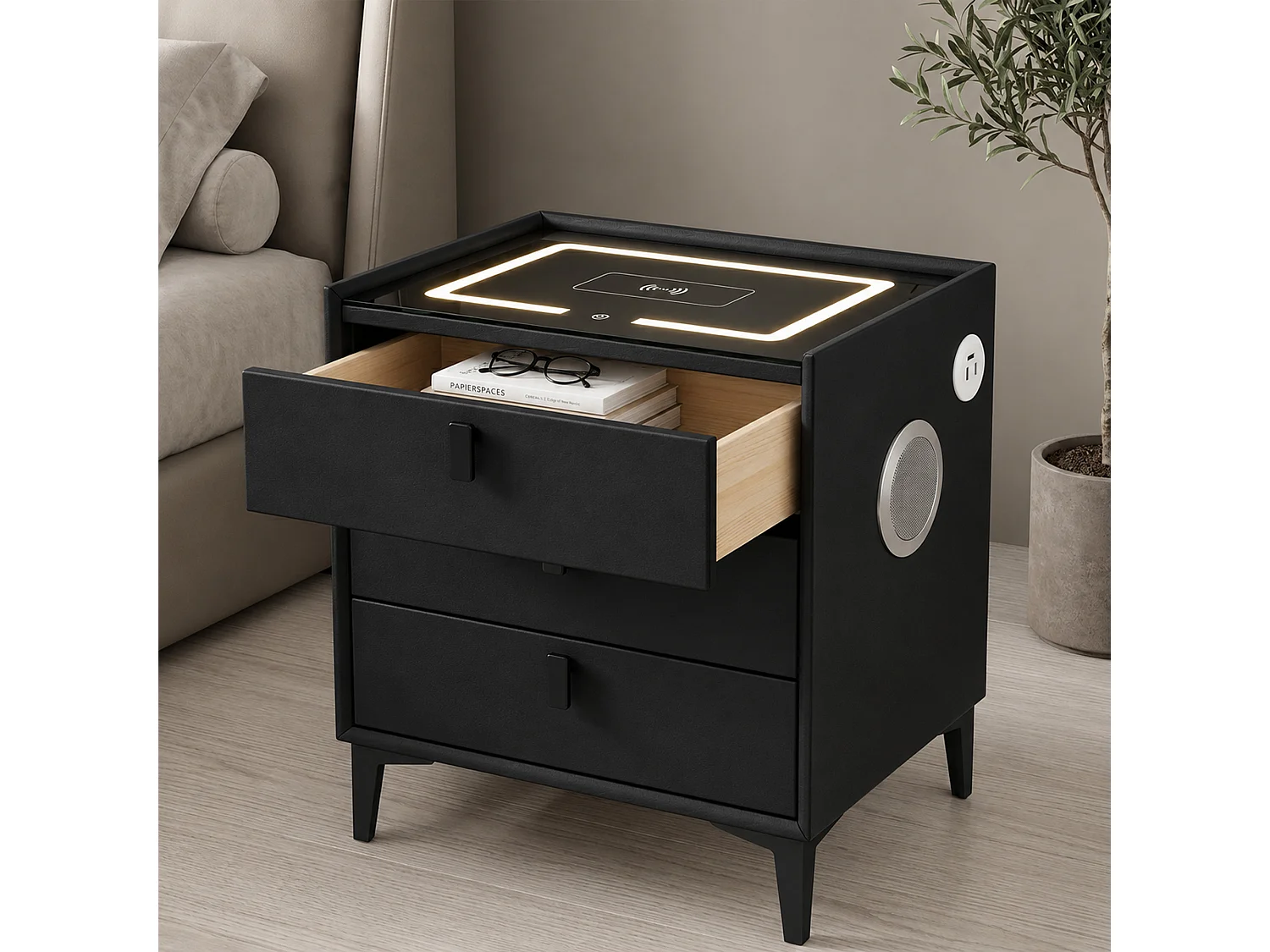 Smart Bedside Table with Wireless Charging, Bluetooth Speaker & LED Light - black W50cm x H60cm x D40cm - Liora