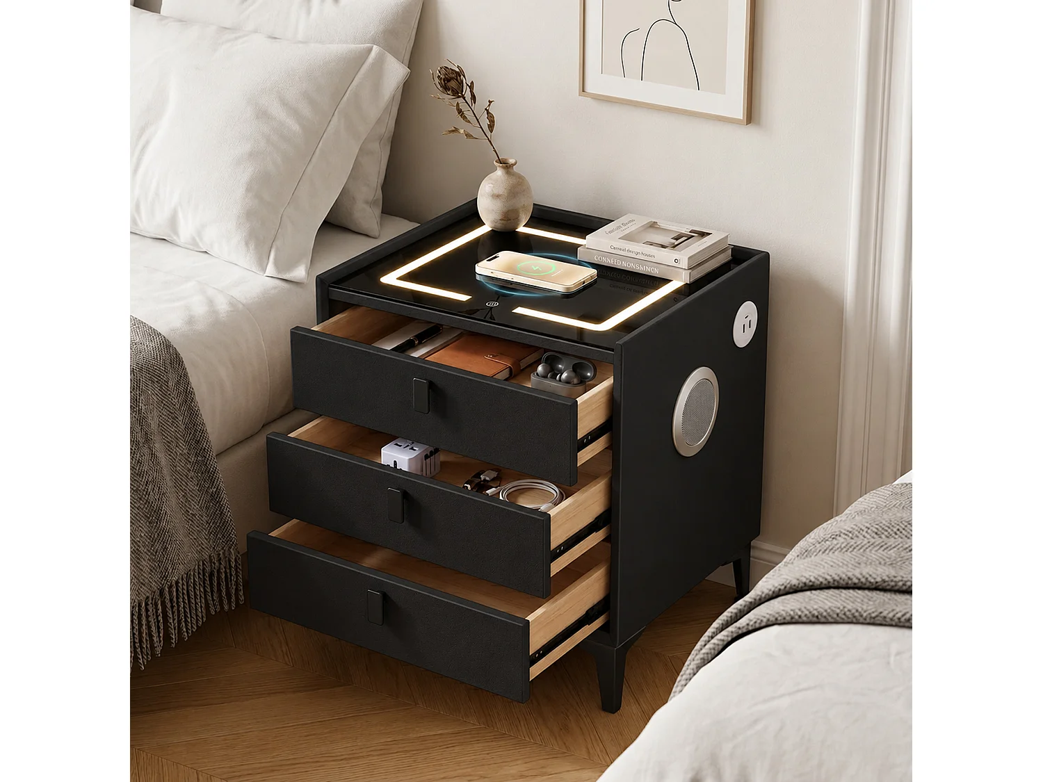 Smart Bedside Table with Wireless Charging, Bluetooth Speaker & LED Light - black W50cm x H60cm x D40cm - Liora