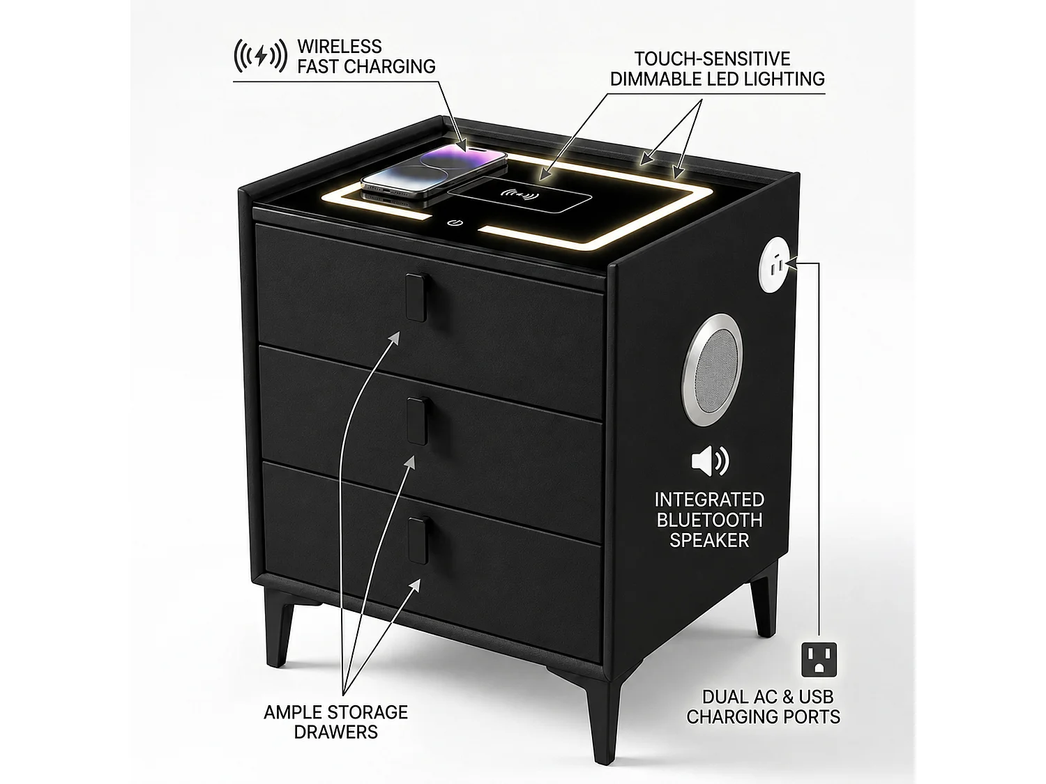 Smart Bedside Table with Wireless Charging, Bluetooth Speaker & LED Light - black W50cm x H60cm x D40cm - Liora