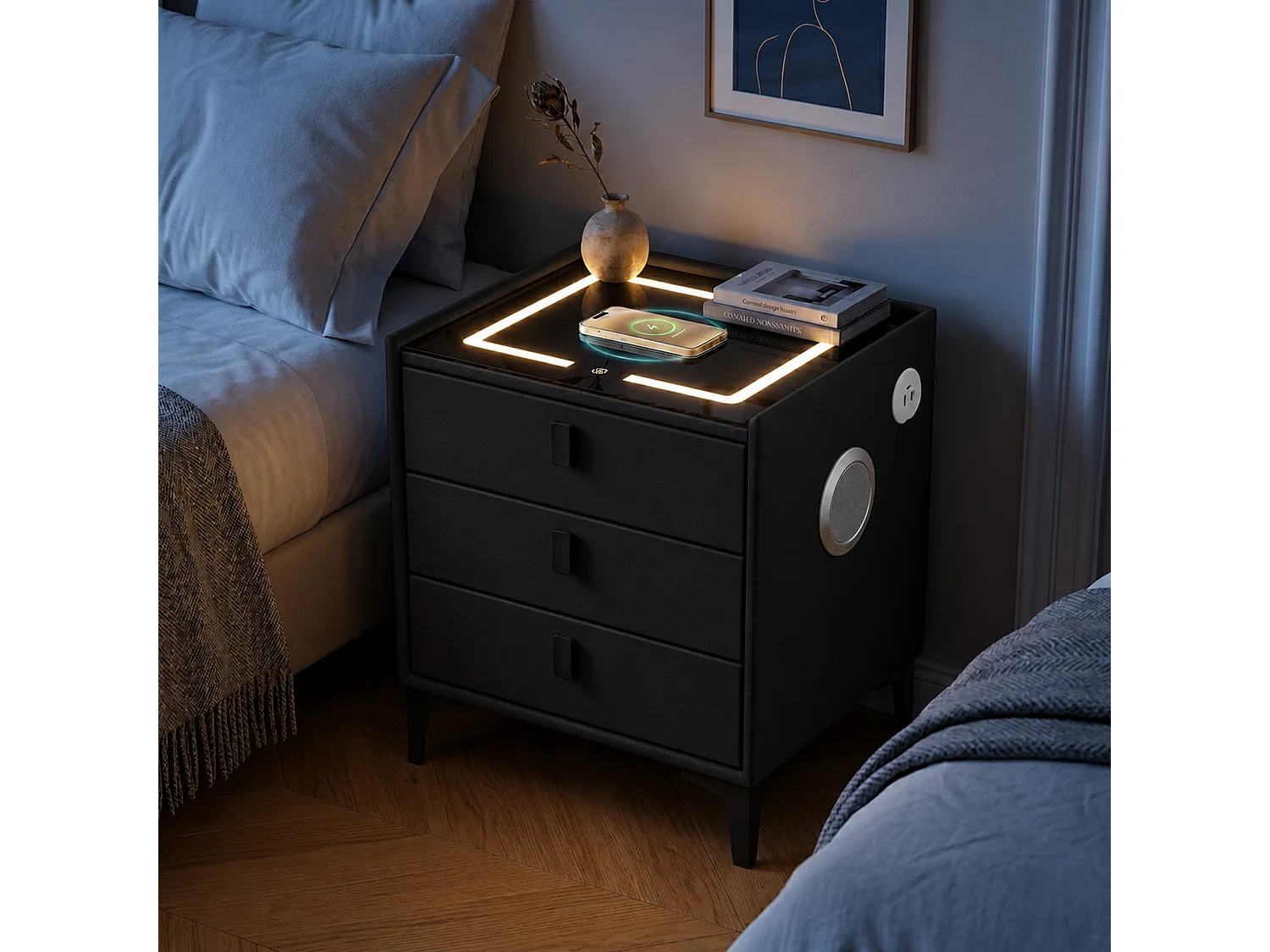 Smart Bedside Table with Wireless Charging, Bluetooth Speaker & LED Light - black W50cm x H60cm x D40cm - Liora