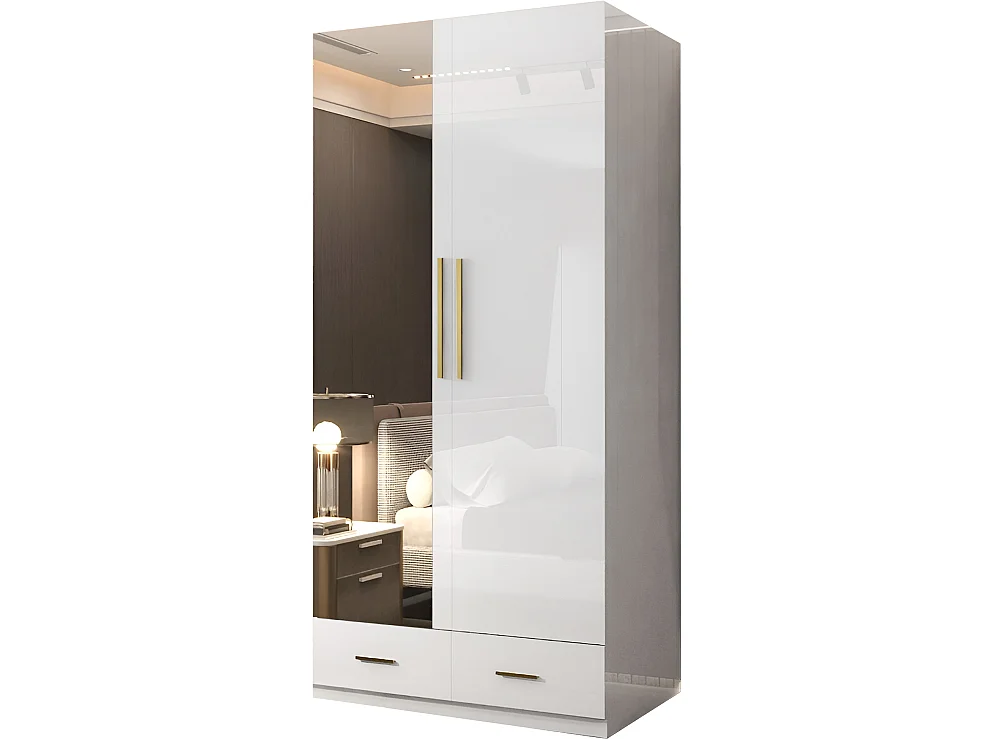 High Gloss Mirrored Wardrobe with Gold-Effect Handles & Drawers - 90cm white - Milano