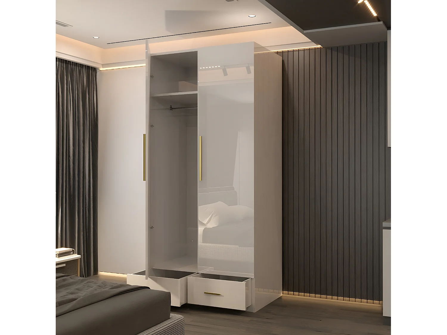 High Gloss Mirrored Wardrobe with Gold-Effect Handles & Drawers - 90cm white - Milano