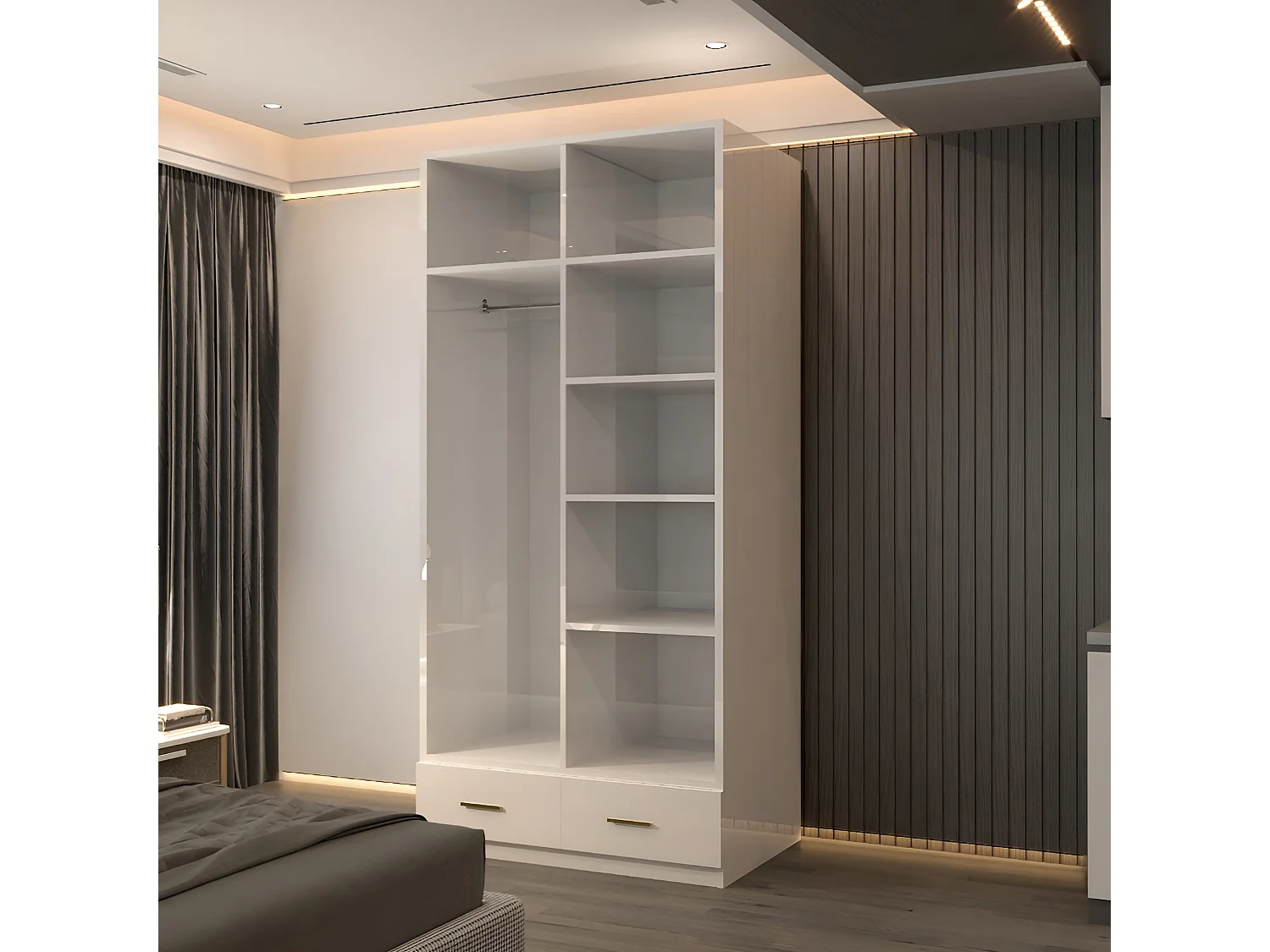 High Gloss Mirrored Wardrobe with Gold-Effect Handles & Drawers - 90cm white - Milano