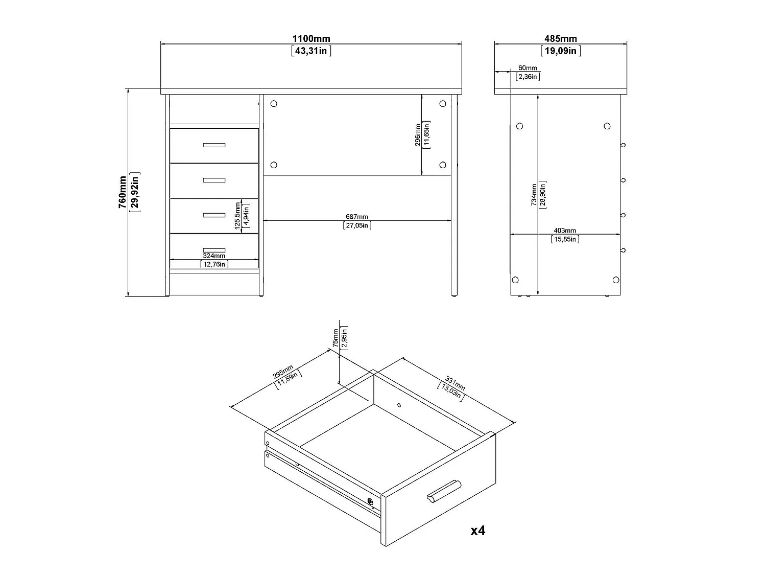 Bureau Appollo, 3 lades, 110x49x76h cm wit, blad van gemelamineerd hout, kleur blad wit