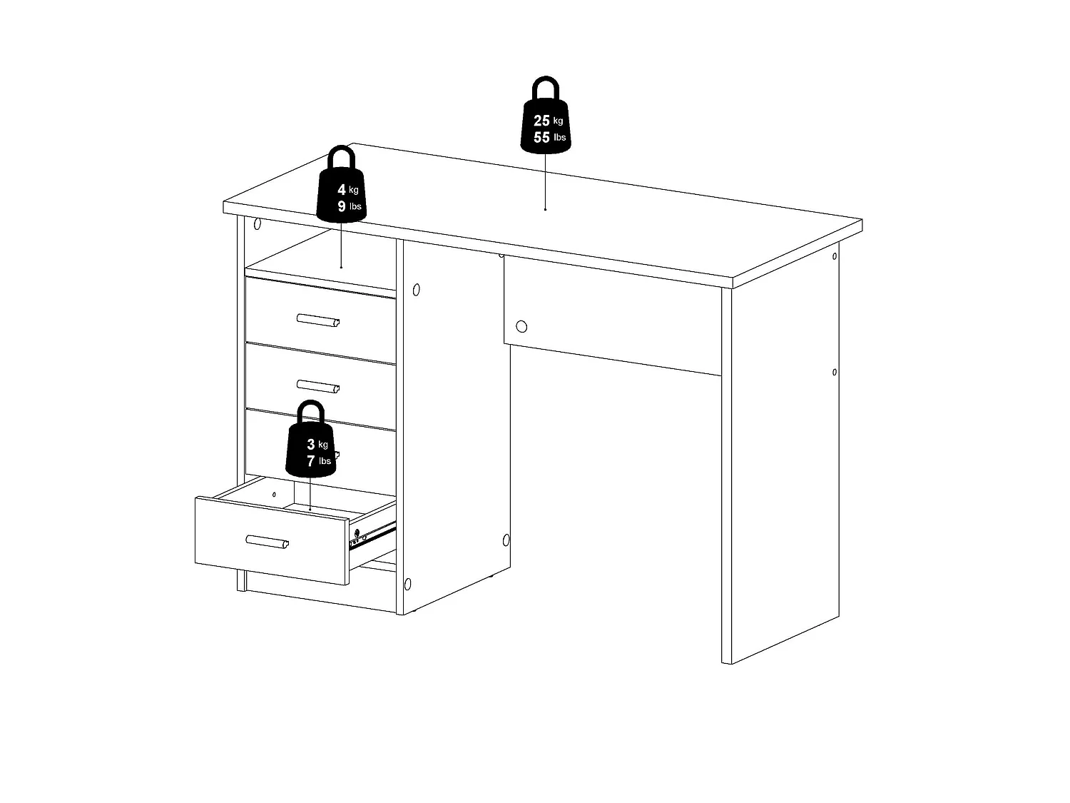 Bureau Appollo, 3 lades, 110x49x76h cm wit, blad van gemelamineerd hout, kleur blad wit