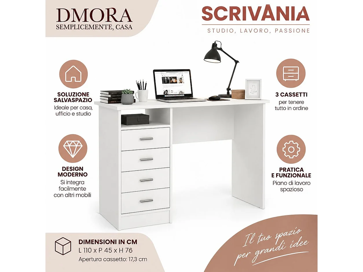 Bureau Appollo, 3 lades, 110x49x76h cm wit, blad van gemelamineerd hout, kleur blad wit
