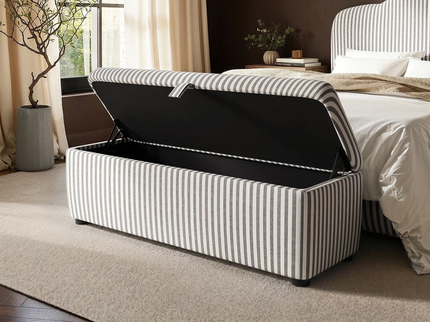 SOLACE+CO Skylynn Ottoman Blanket Box Striped Woven Fabric Cream & Brown