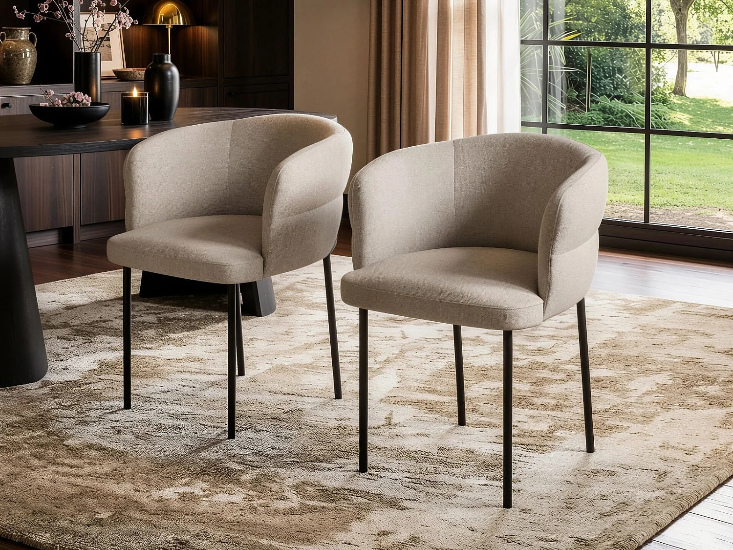 SOLACE+CO Ebony Black Extendable Dining Table with 4 Elise Chairs Beige