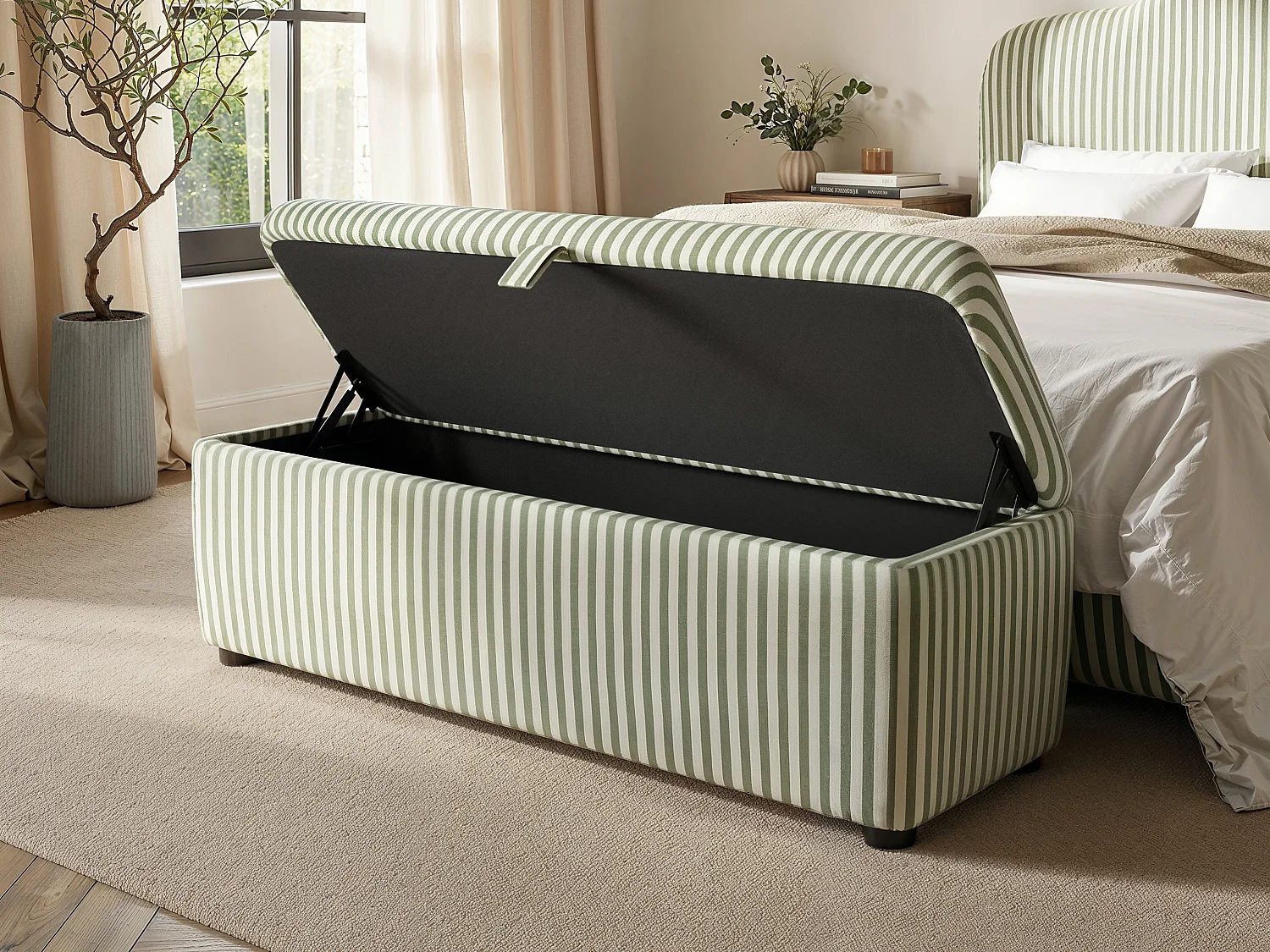 SOLACE+CO Skylynn Ottoman Blanket Box Striped Woven Fabric Cream & Green