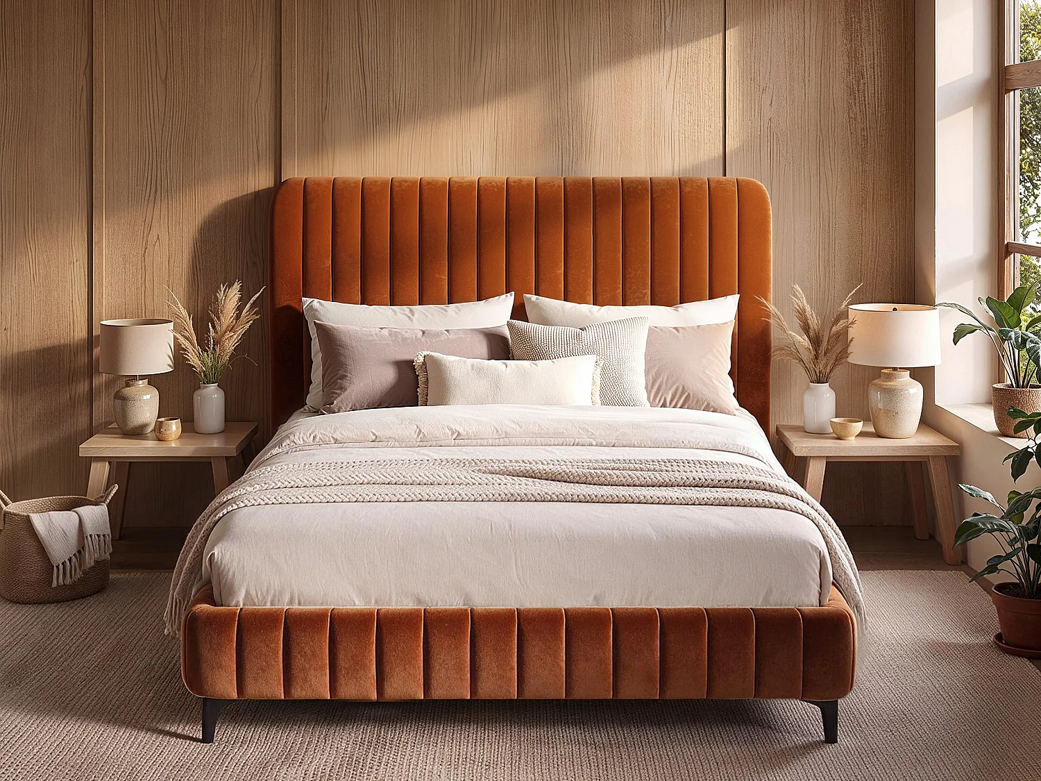 SOLACE+CO Adelaide Upholstered Bed Frame Burnt Orange Double