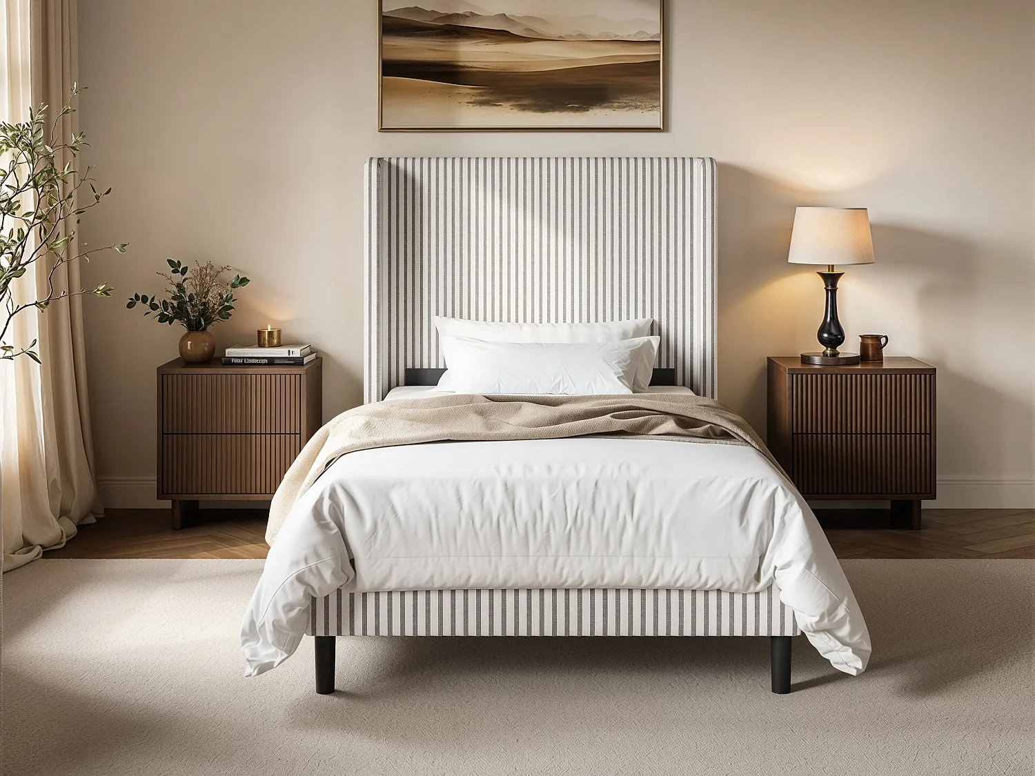 SOLACE+CO Jovanna Striped Bed with Winged Headboard Woven Fabric Brown Single