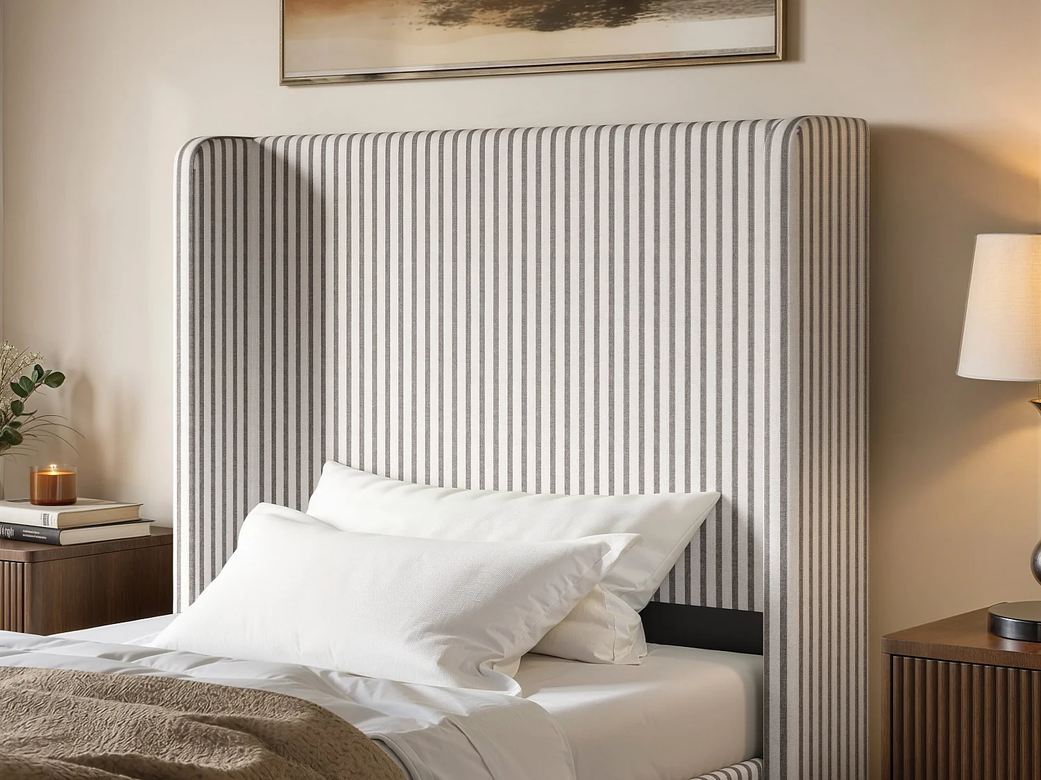 SOLACE+CO Jovanna Striped Bed with Winged Headboard Woven Fabric Brown Single