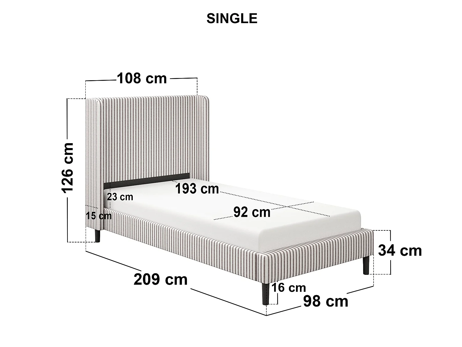 SOLACE+CO Jovanna Striped Bed with Winged Headboard Woven Fabric Brown Single