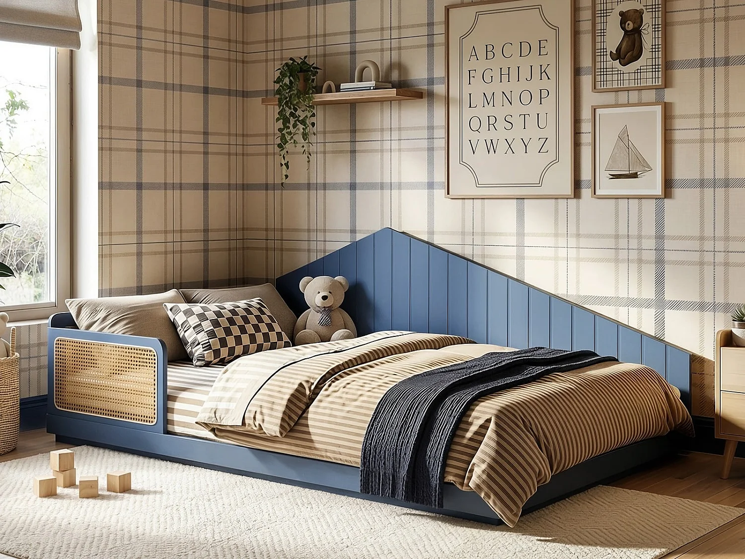 Flair Carter Small Double Montessori Bed with Rattan Panels Navy