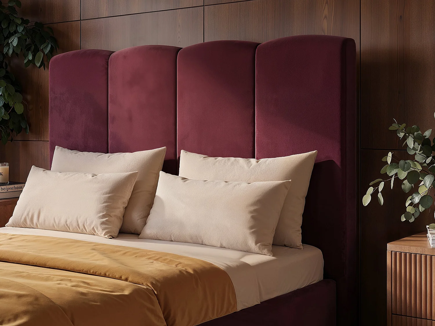 SOLACE+CO Enrica Upholstered Bed Frame with Padded Statement Headboard Burgundy Kingsize