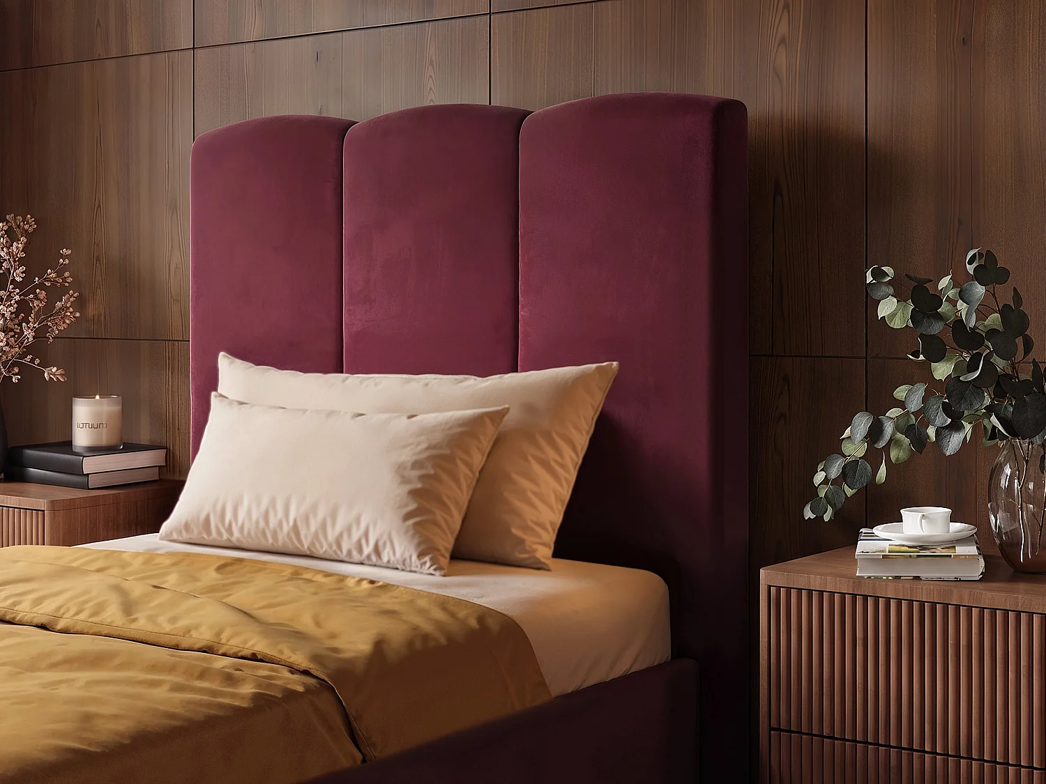 SOLACE+CO Enrica Upholstered Bed Frame with Padded Statement Headboard Burgundy Kingsize