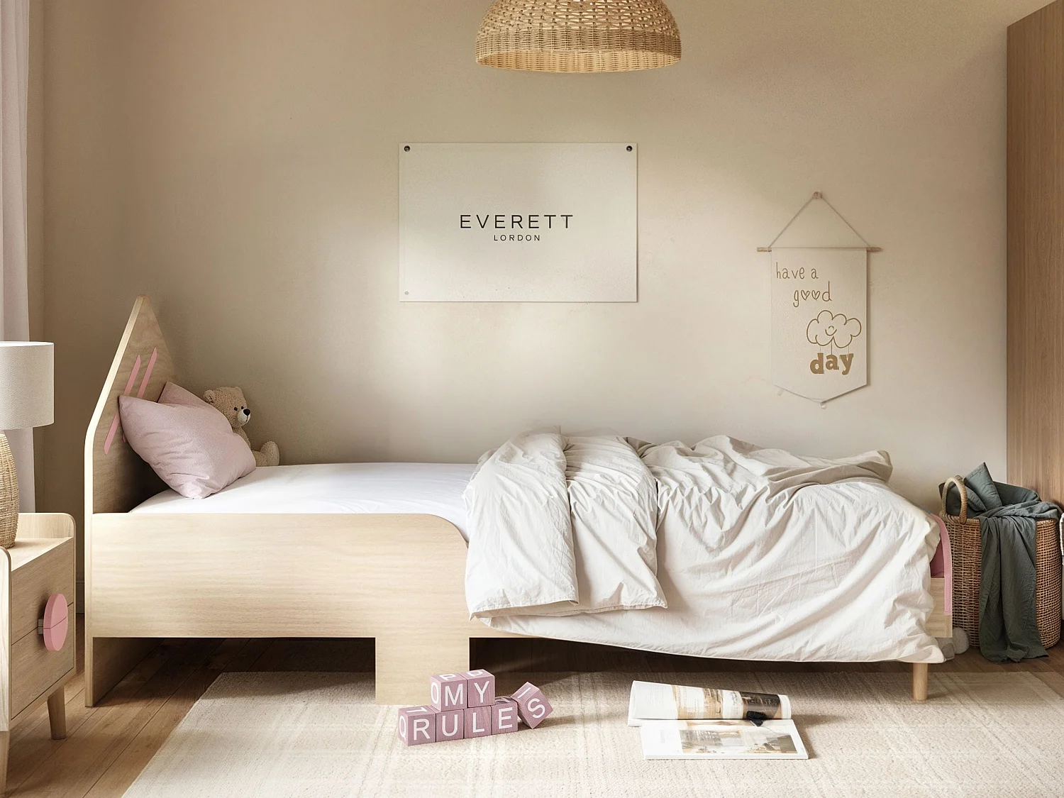 Flair Noah Single Bed-Oak & Pink