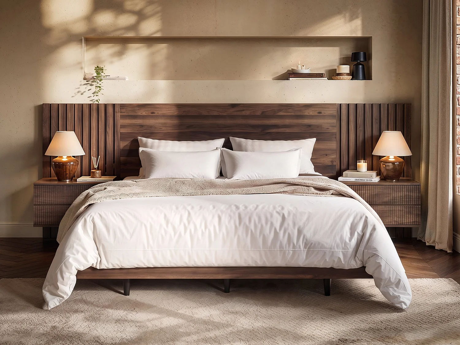 SOLACE+CO Tatum Bed with Bedside Tables Walnut Double