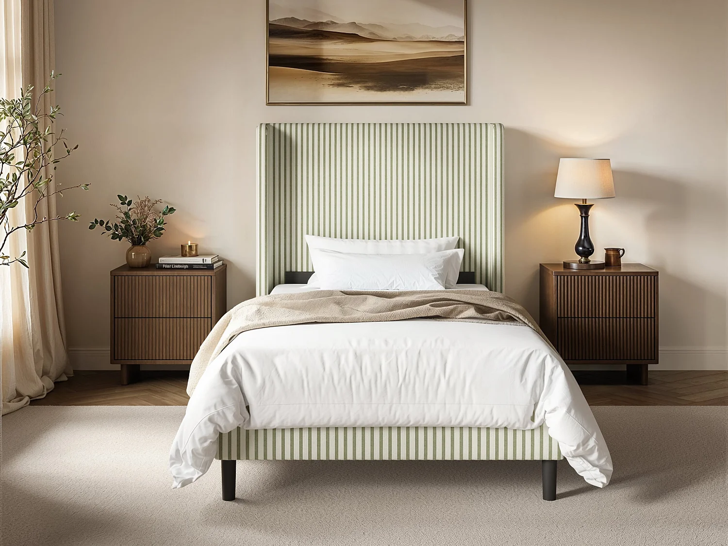 SOLACE+CO Jovanna Striped Bed Frame with Winged Headboard Woven Fabric Green Single