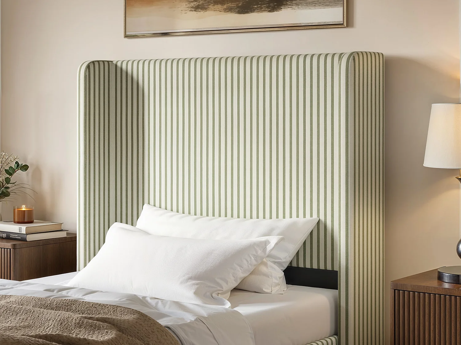 SOLACE+CO Jovanna Striped Bed Frame with Winged Headboard Woven Fabric Green Single