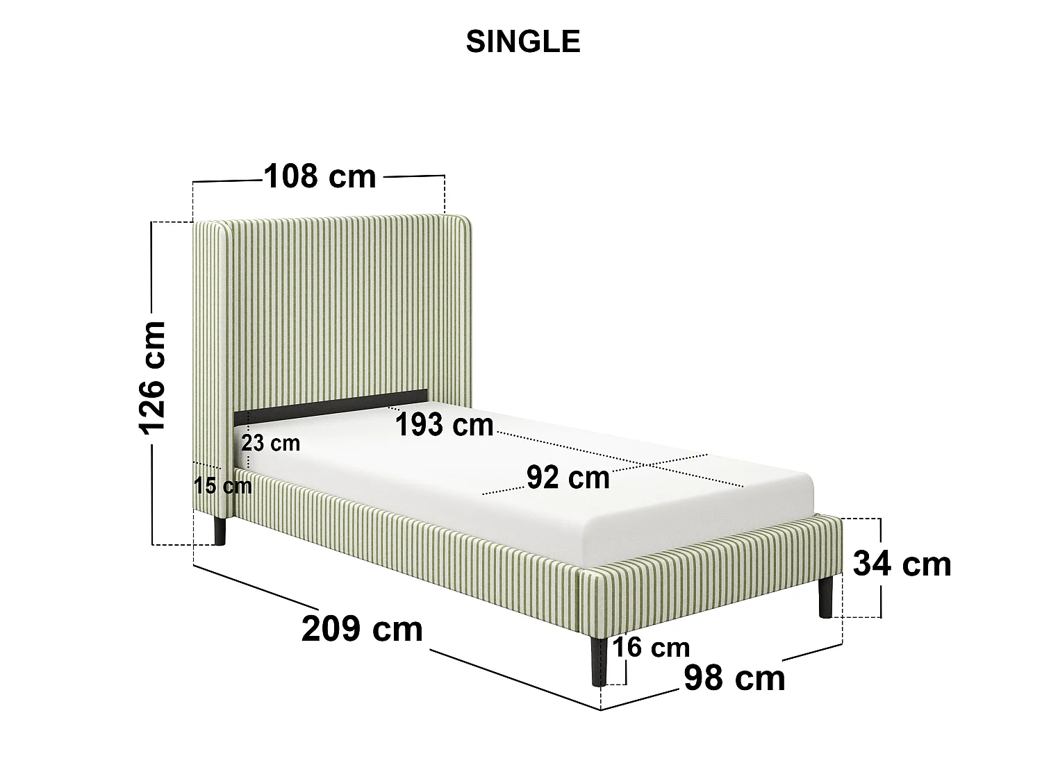 SOLACE+CO Jovanna Striped Bed Frame with Winged Headboard Woven Fabric Green Single