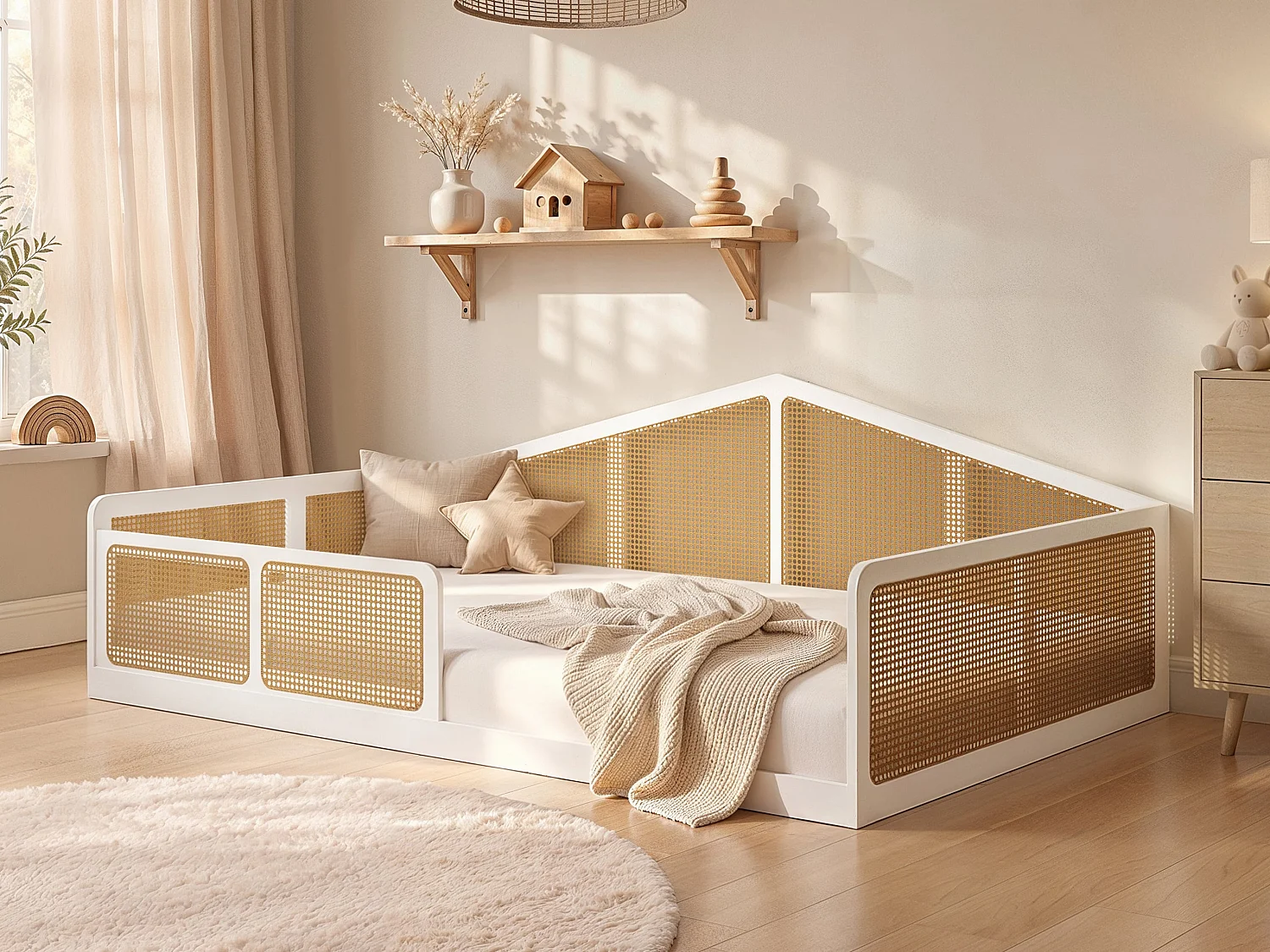 Flair Julian Small Double Montessori Bed with Rattan Panels White