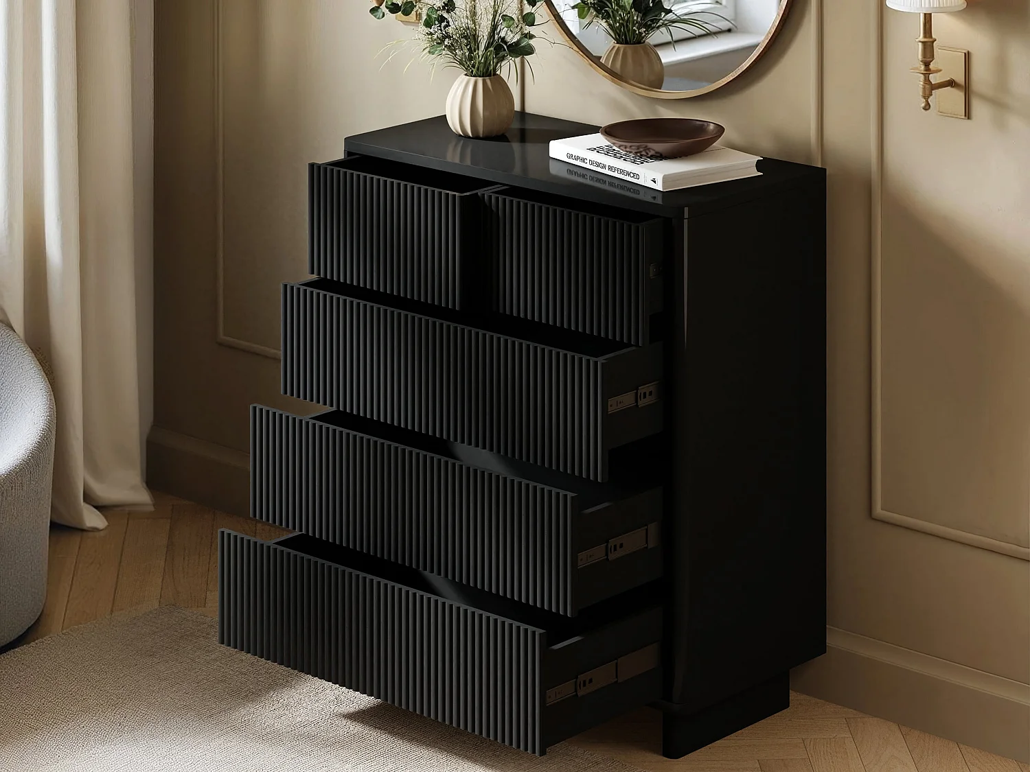 SOLACE+CO Velmor 2 Piece Ribbed Chest of Drawers Set Black