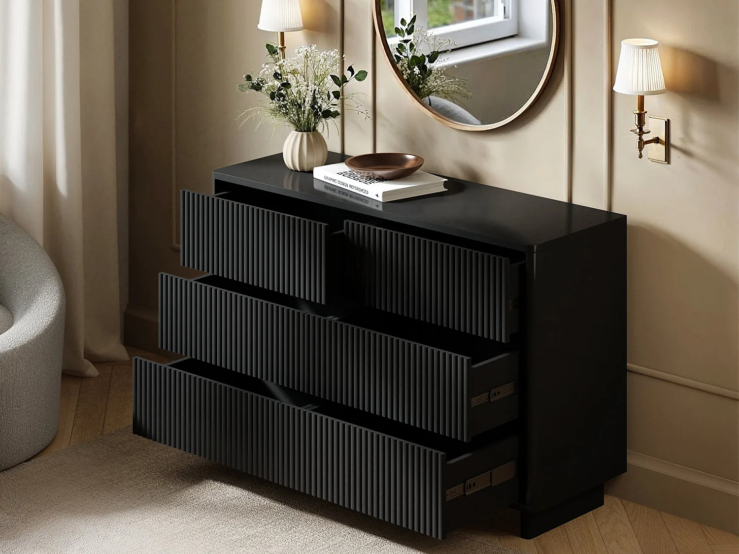 SOLACE+CO Velmor 2 Piece Ribbed Chest of Drawers Set Black