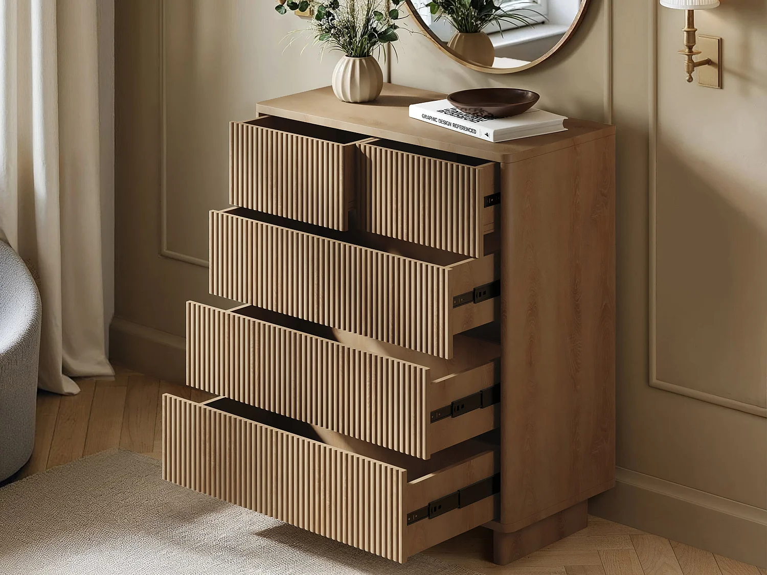 SOLACE+CO Velmor 2 Piece Ribbed Chest of Drawers Set Oak