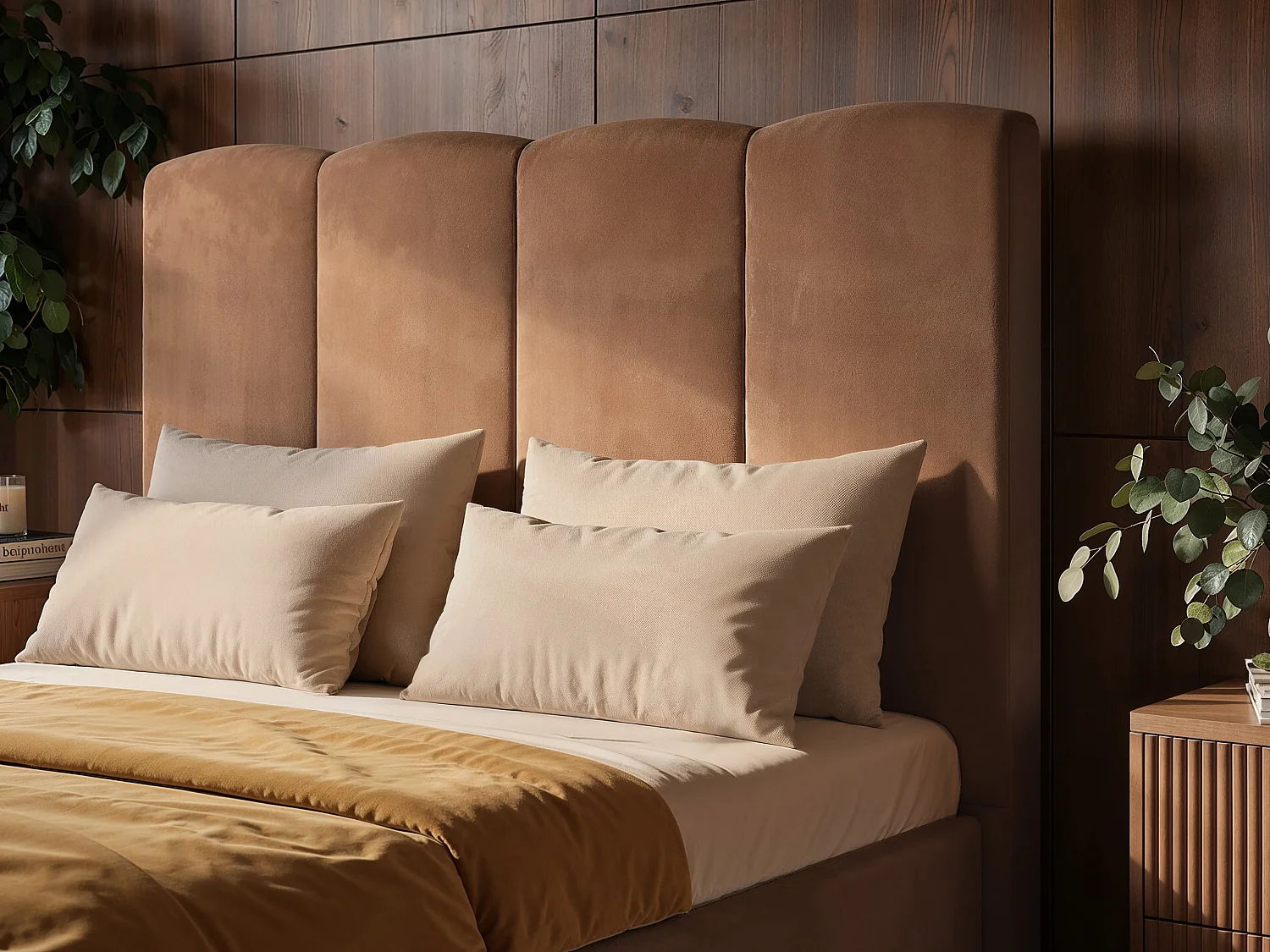 SOLACE+CO Enrica Upholstered Bed Frame with Padded Statement Headboard Brown Kingsize