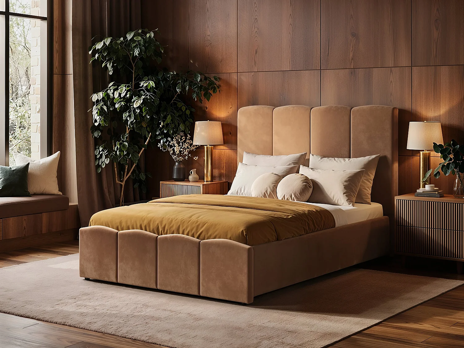 SOLACE+CO Enrica Upholstered Bed Frame with Padded Statement Headboard Brown Double