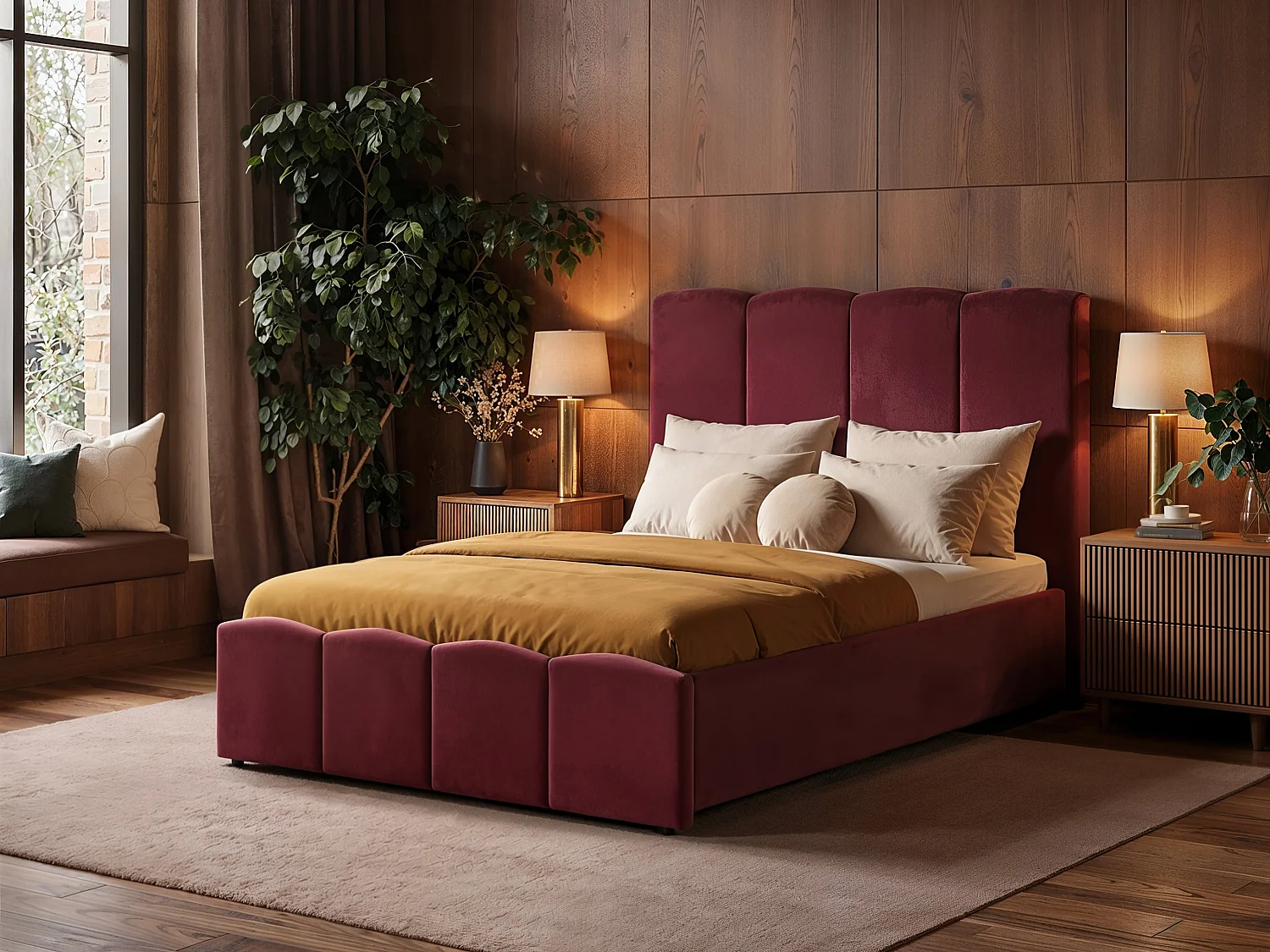 SOLACE+CO Enrica Upholstered Bed Frame with Padded Statement Headboard Burgundy Double