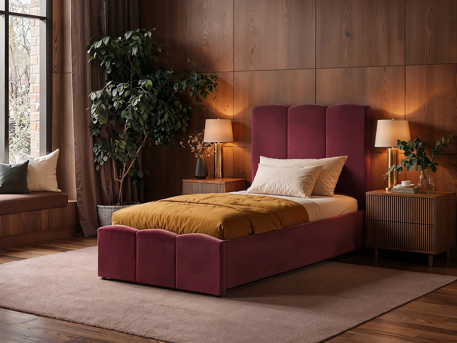 SOLACE+CO Enrica Upholstered Bed Frame with Padded Statement Headboard Burgundy Double
