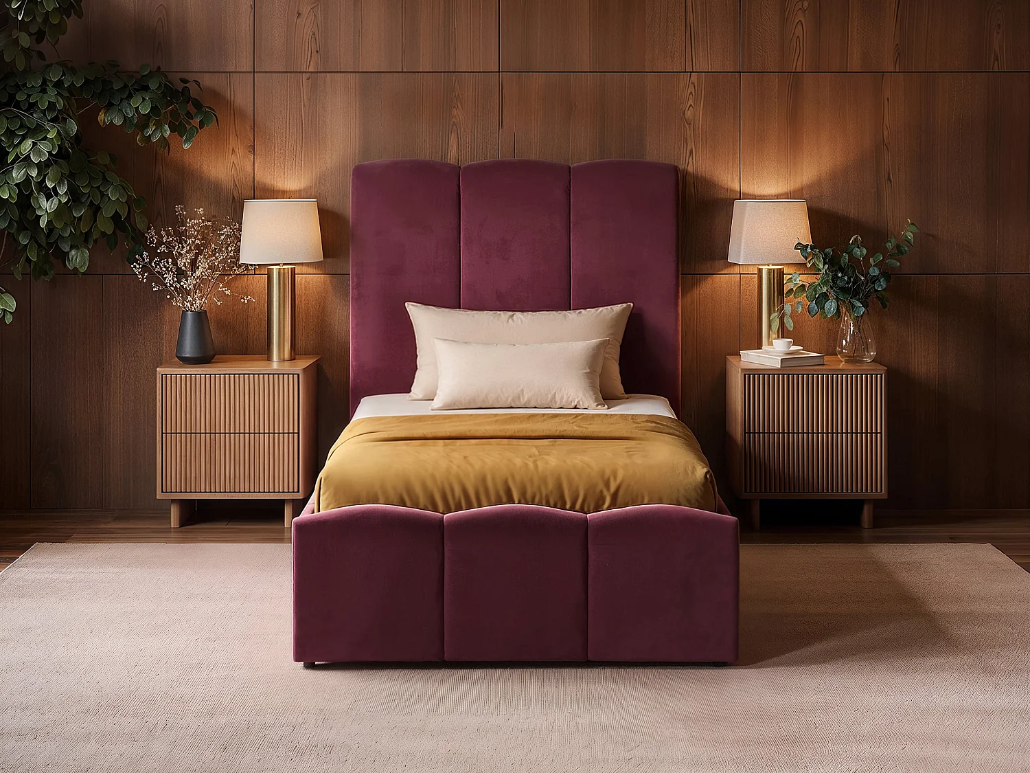 SOLACE+CO Enrica Upholstered Bed Frame with Padded Statement Headboard Burgundy Double