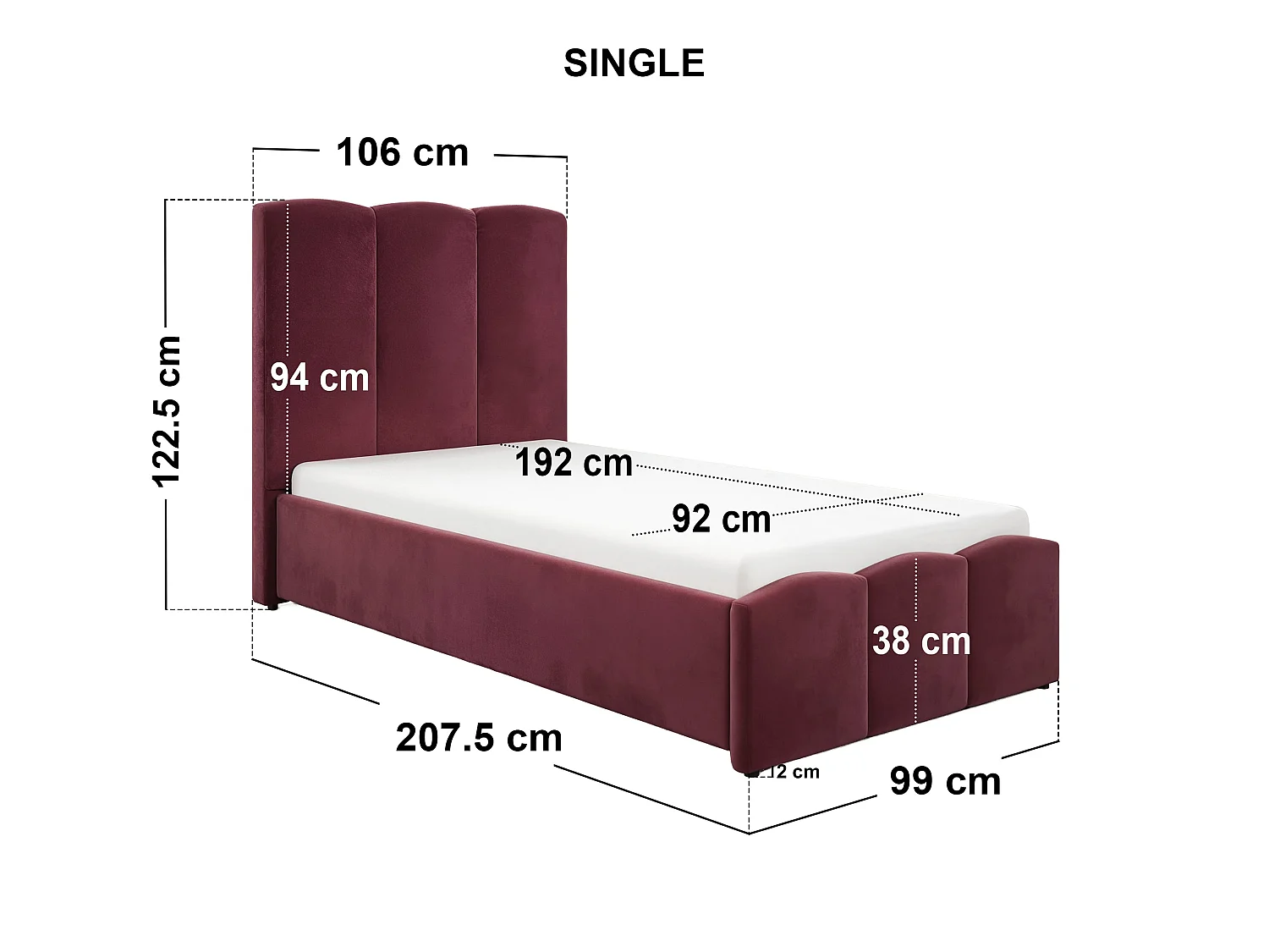 SOLACE+CO Enrica Upholstered Bed Frame with Padded Statement Headboard Burgundy Single