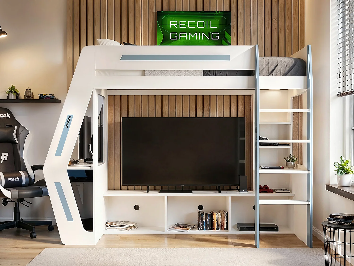 Recoil Alister Gaming High Sleeper with Desk & TV Stand White & Blue